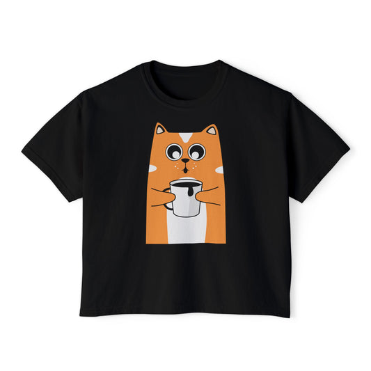 Cute Cat Boxy Tee, Women's Casual Top, Funny Animal Shirt, Gift for Cat Lovers, Lightweight Cotton Tee