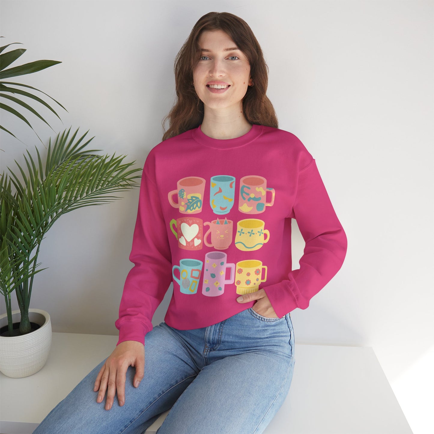 ☕ Pastel Coffee Mugs Sweatshirt USA | Colorful Unisex Sweater for Coffee Lovers