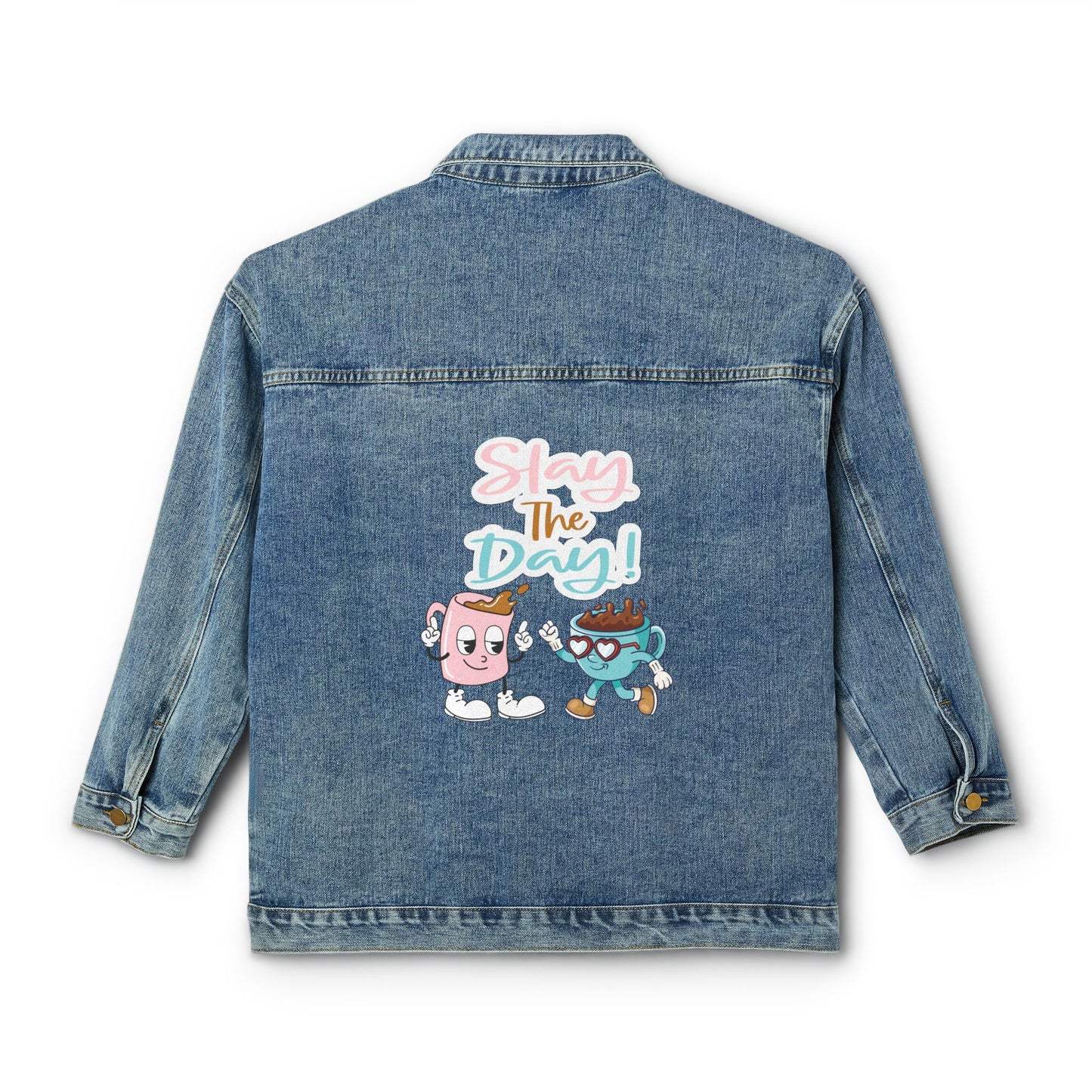🔥☕ Slay The Day Denim Jacket USA | Fun Coffee Graphic Women’s Jean Jacket