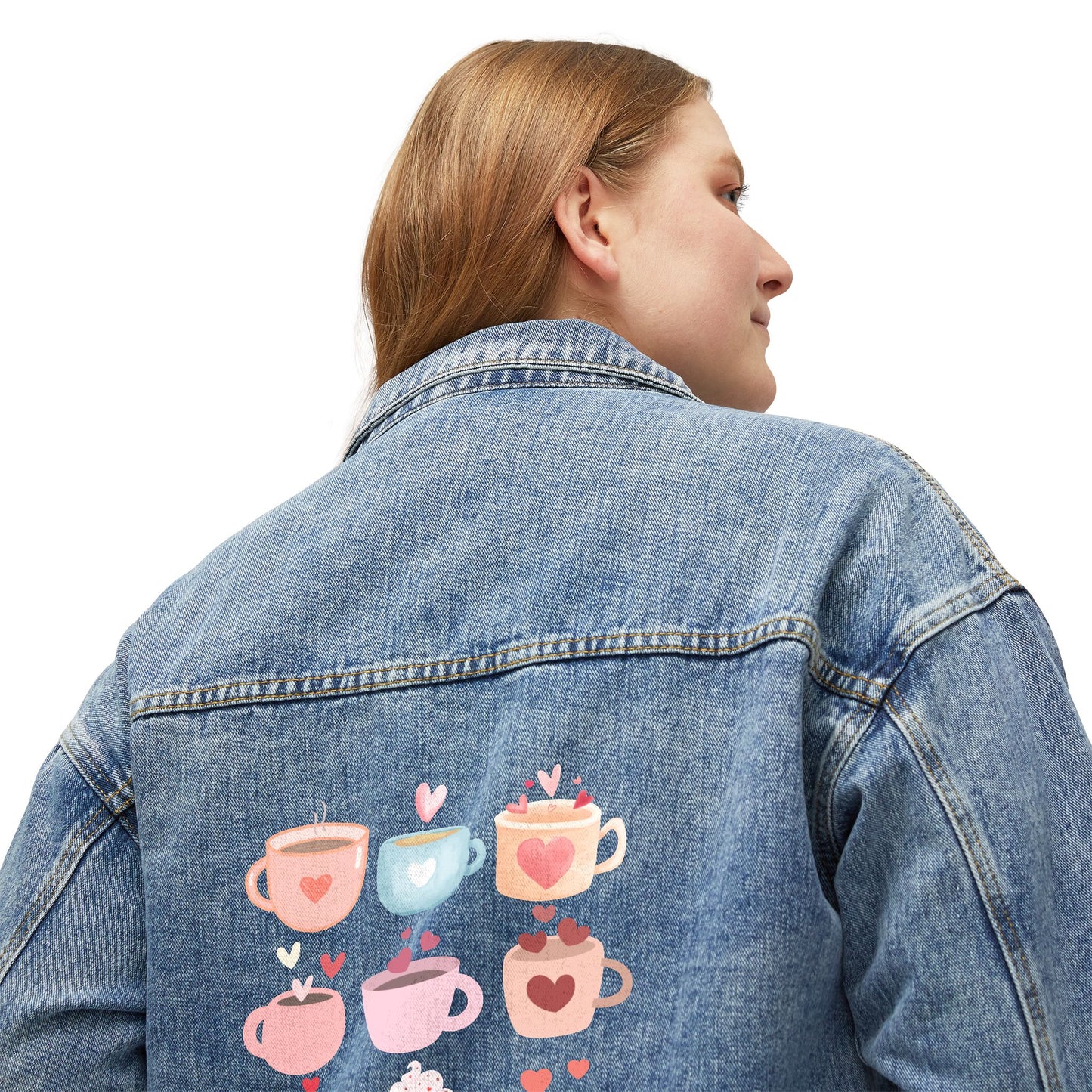 ☕💖 Coffee Love Denim Jacket USA | Women’s Jean Jacket with Colorful Mugs