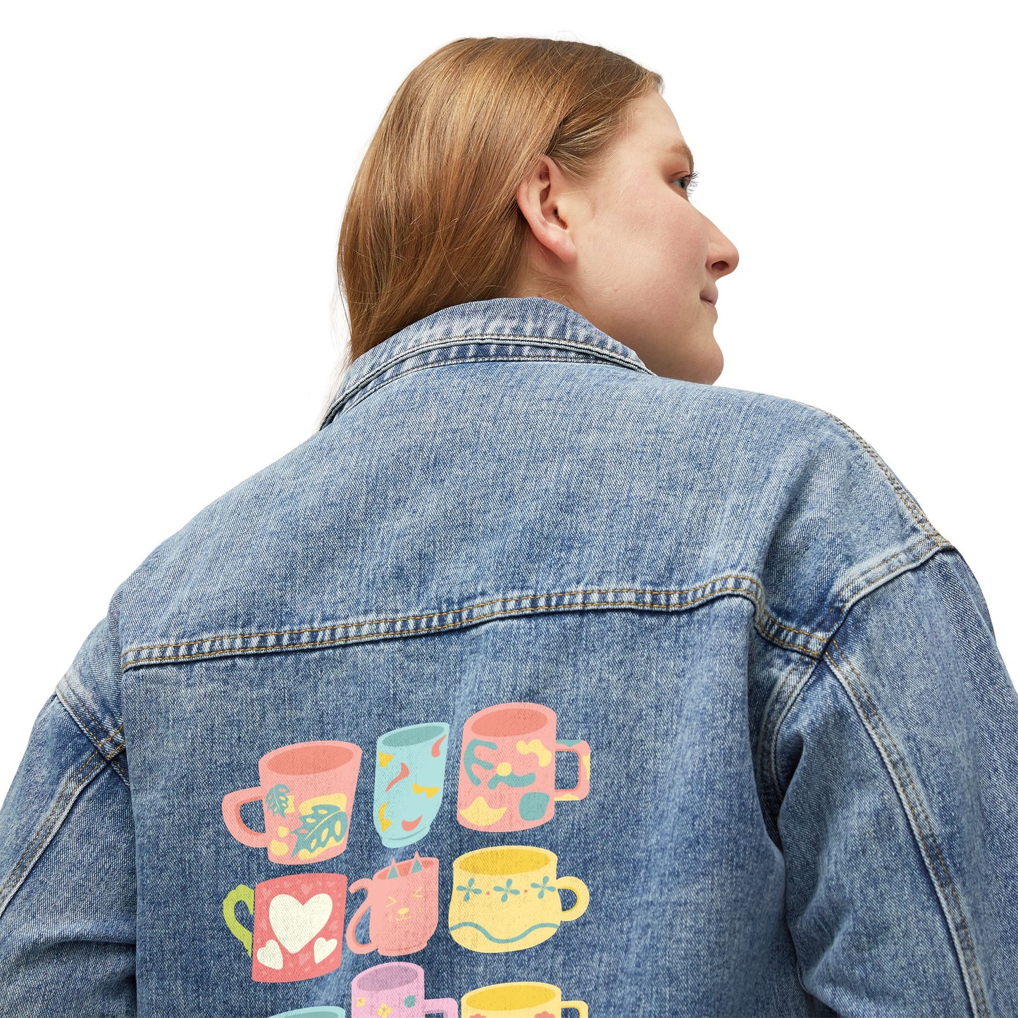 ☕🎨 Coffee Mugs Denim Jacket USA | Women’s Oversized Jean Jacket with Pastel Mugs