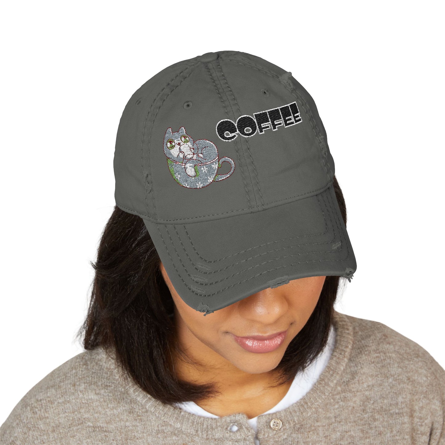 Coffee Cat Distressed Dad Hat – Casual Embroidered Style (USA Only)