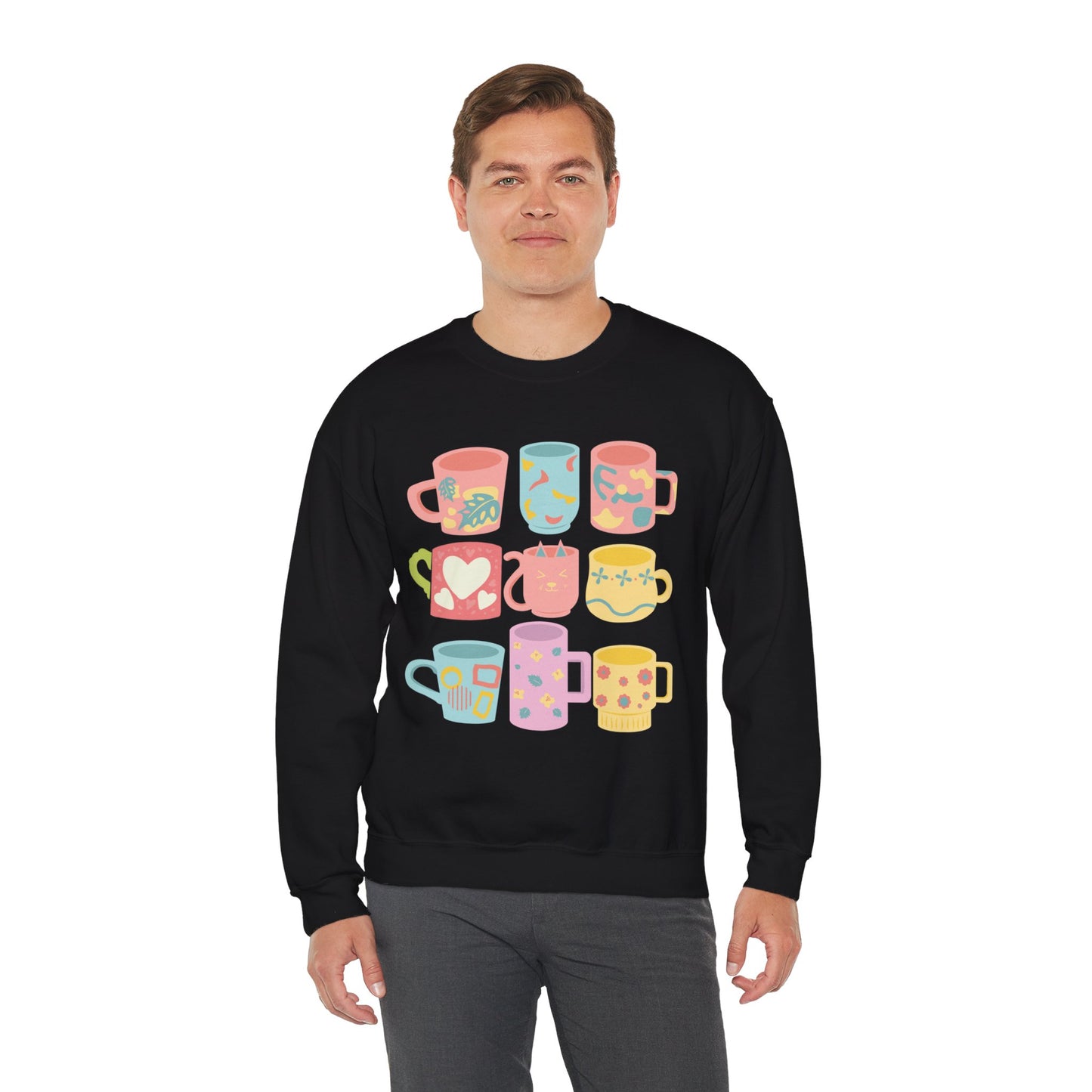 ☕ Pastel Coffee Mugs Sweatshirt USA | Colorful Unisex Sweater for Coffee Lovers