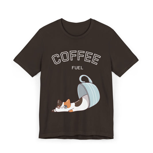 Coffee Fuel Cat T-Shirt – Cute Coffee Cup Kitty Graphic Tee for Coffee Lovers (USA Only)