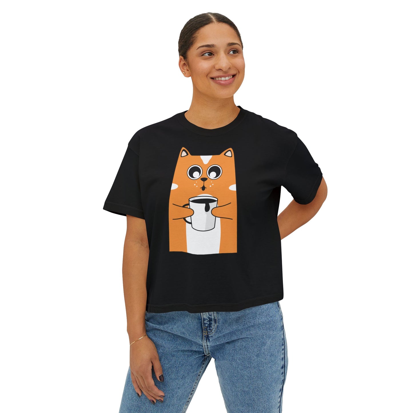 Cute Cat Boxy Tee, Women's Casual Top, Funny Animal Shirt, Gift for Cat Lovers, Lightweight Cotton Tee