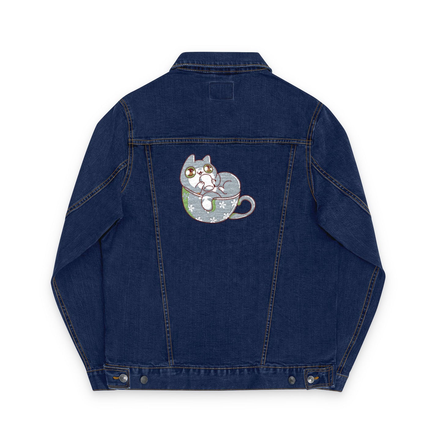 Cozy Cat Coffee Denim Jacket – Unisex Embroidered Style (USA Only)