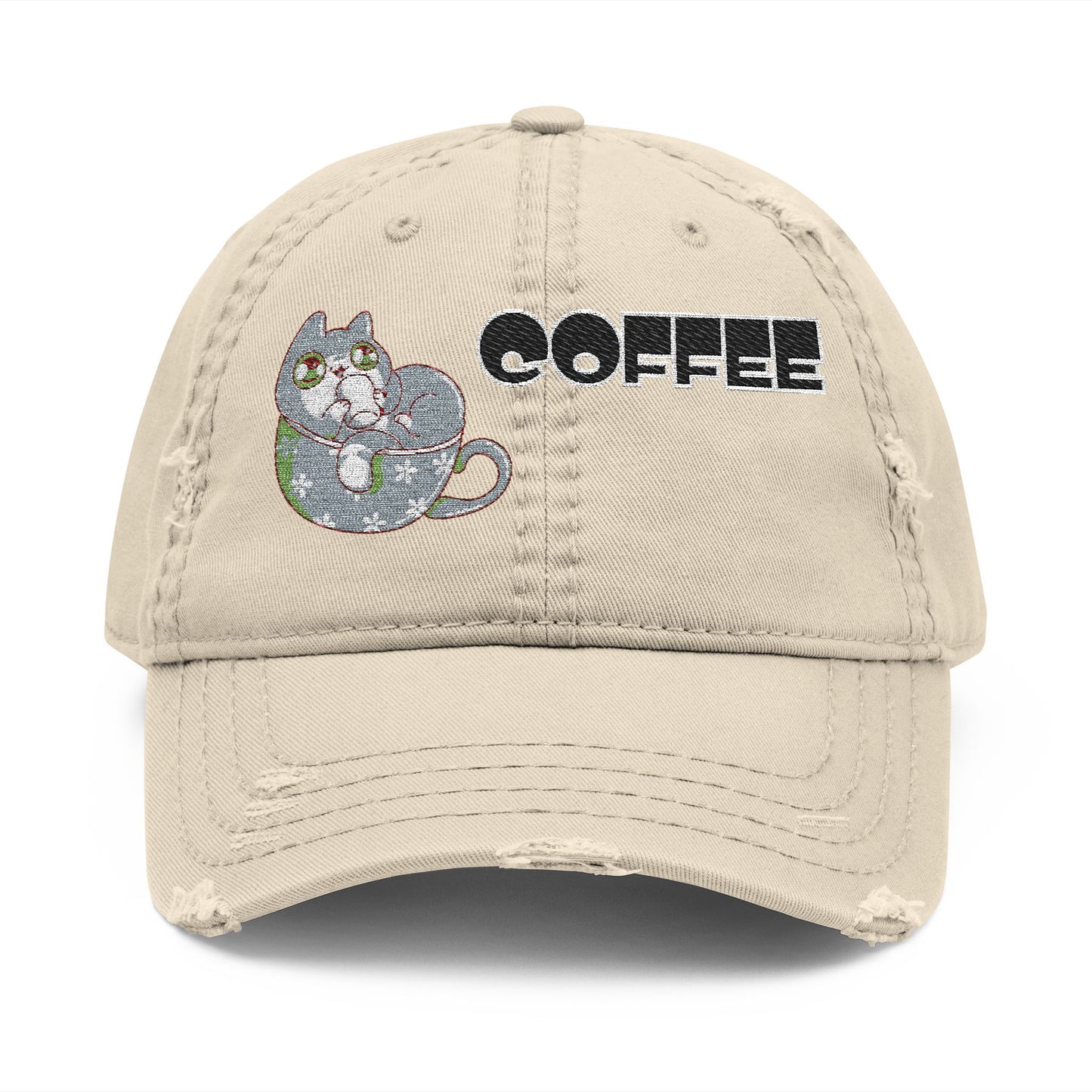 Coffee Cat Distressed Dad Hat – Casual Embroidered Style (USA Only)