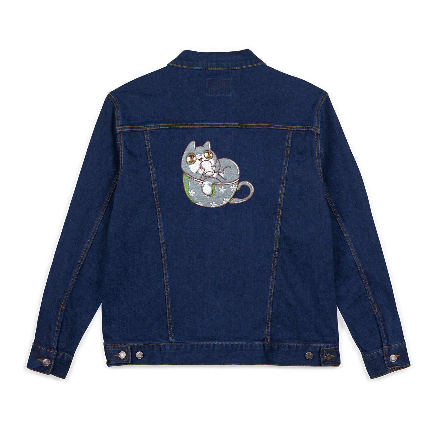 Cozy Cat Coffee Denim Jacket – Unisex Embroidered Style (USA Only)