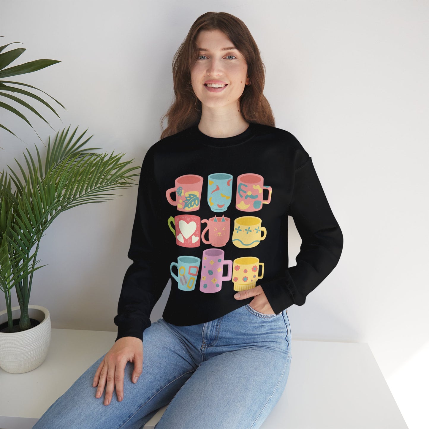 ☕ Pastel Coffee Mugs Sweatshirt USA | Colorful Unisex Sweater for Coffee Lovers