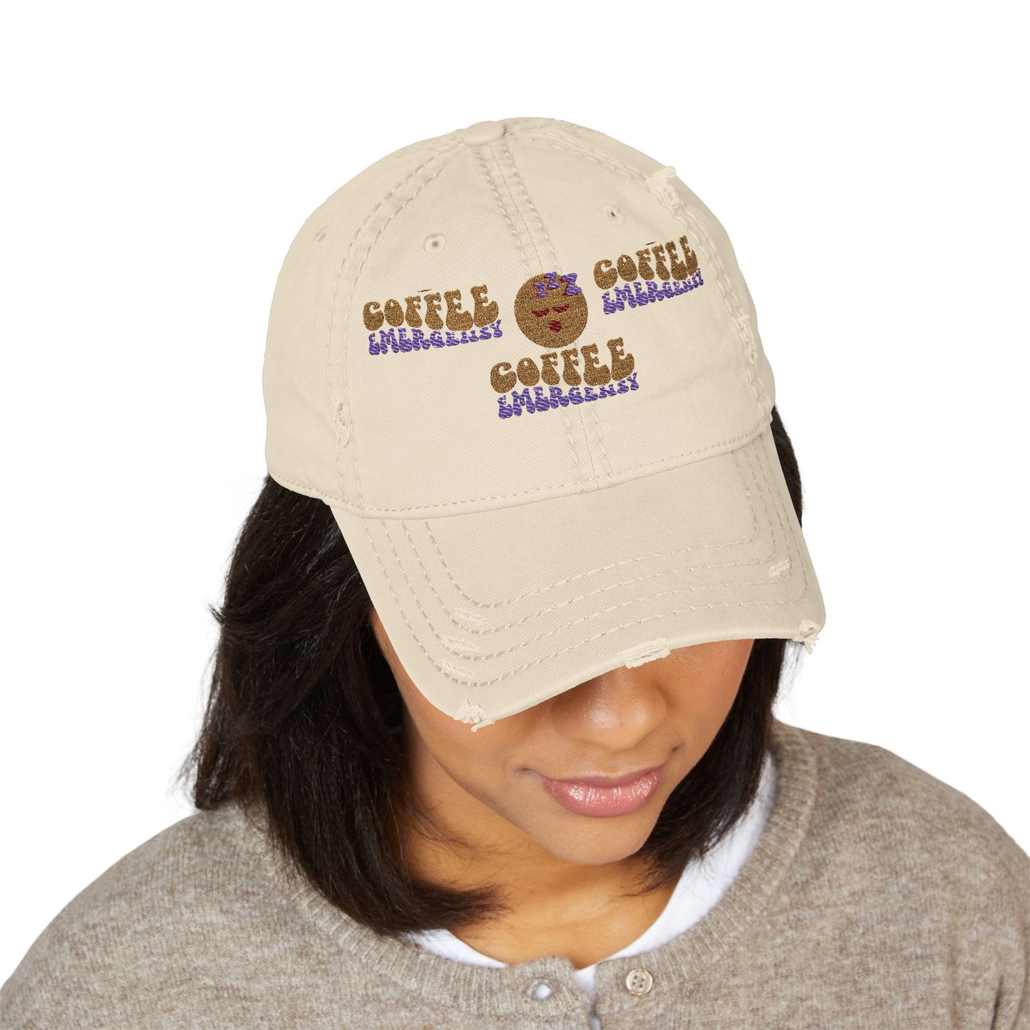 Coffee Emergency Distressed Dad Hat – Tired Emoji Style (USA Only)