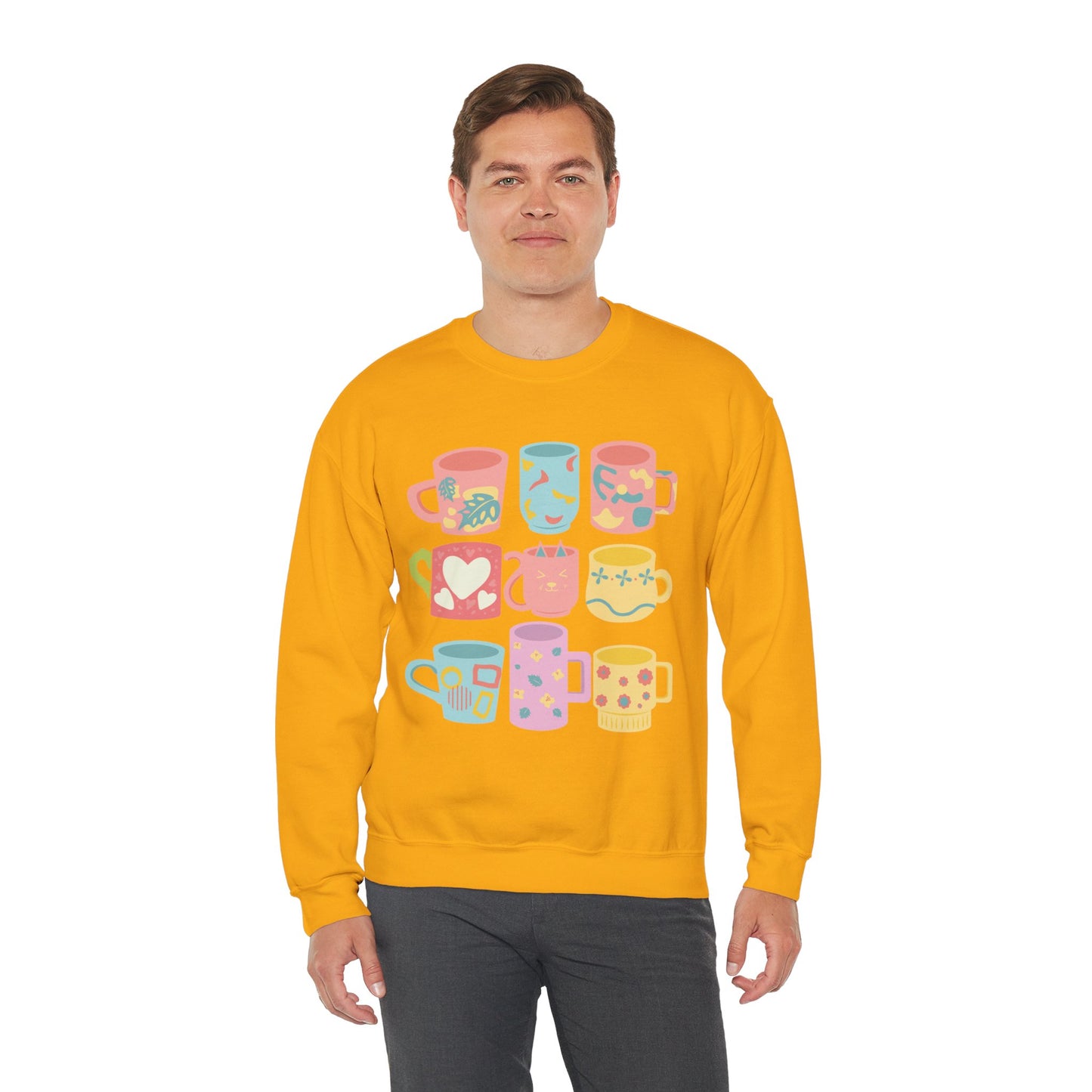 ☕ Pastel Coffee Mugs Sweatshirt USA | Colorful Unisex Sweater for Coffee Lovers