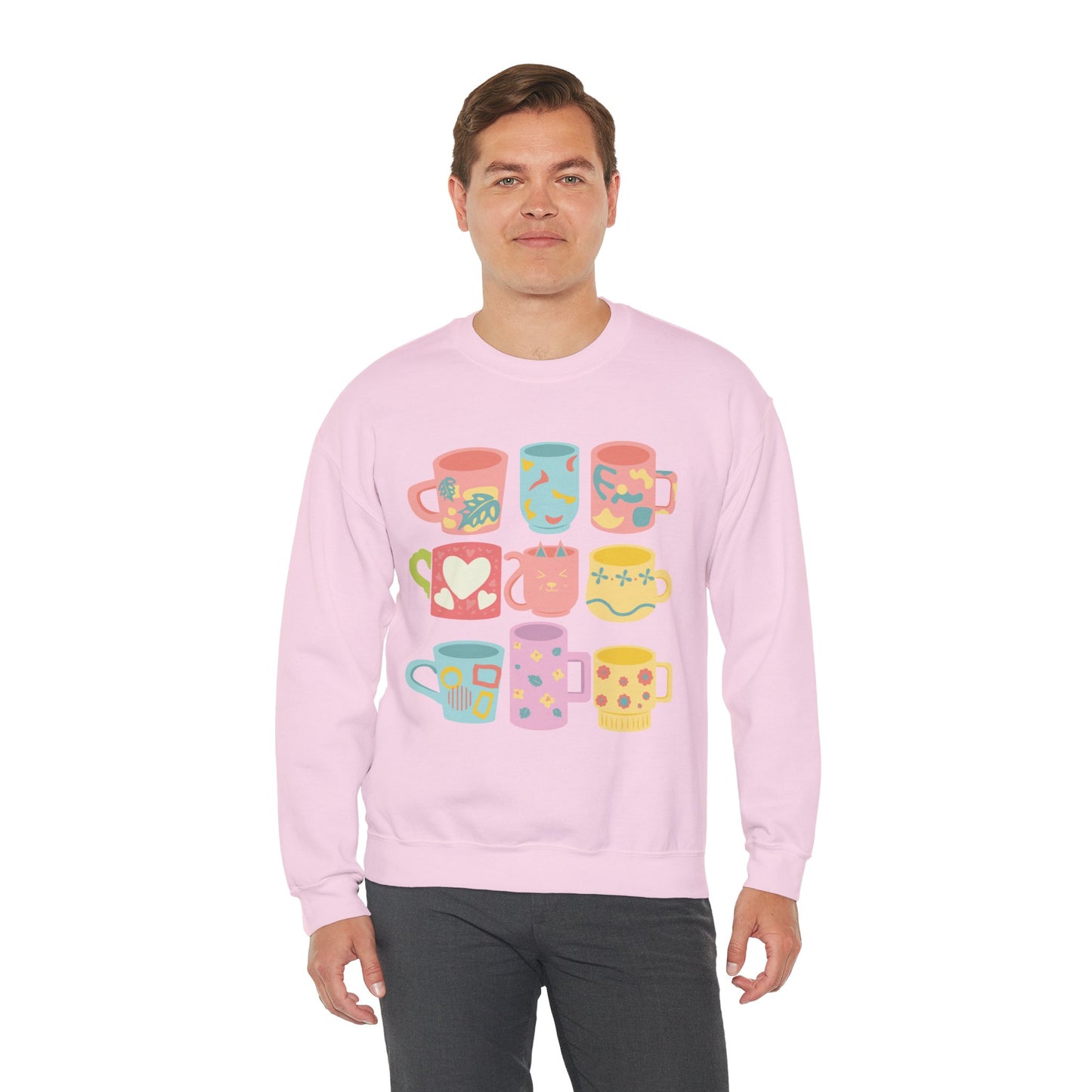 ☕ Pastel Coffee Mugs Sweatshirt USA | Colorful Unisex Sweater for Coffee Lovers