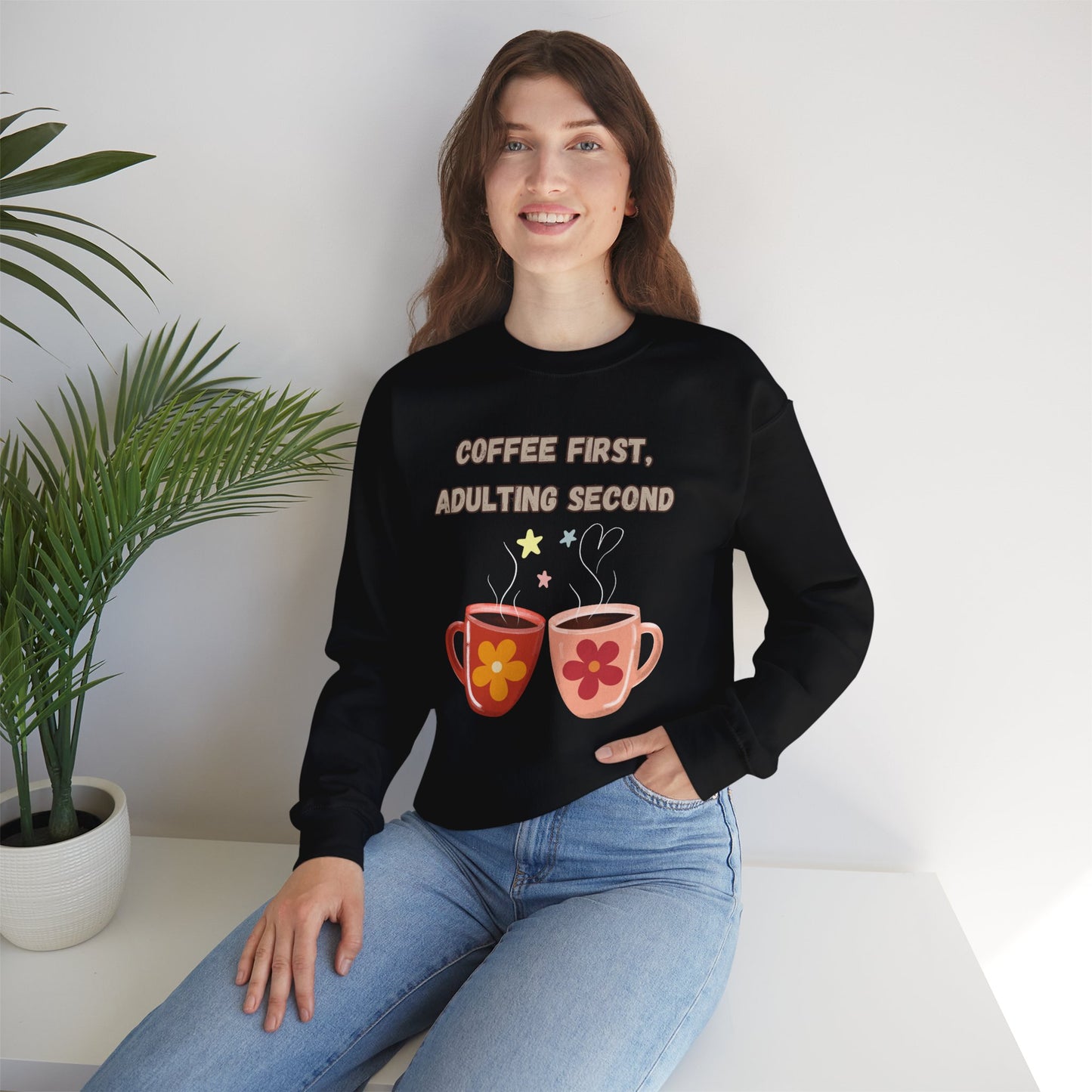 ☕ Coffee First Adulting Second Sweatshirt USA | Fun Unisex Sweater for Coffee Lovers