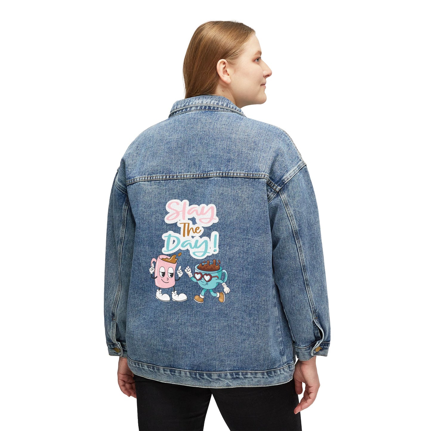 🔥☕ Slay The Day Denim Jacket USA | Fun Coffee Graphic Women’s Jean Jacket
