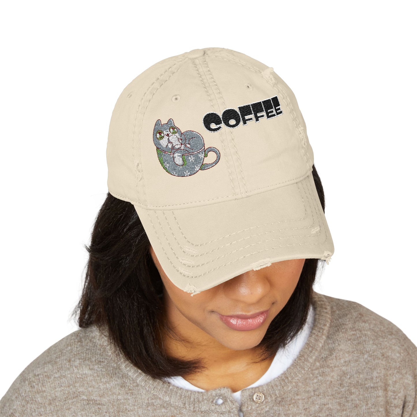 Coffee Cat Distressed Dad Hat – Casual Embroidered Style (USA Only)