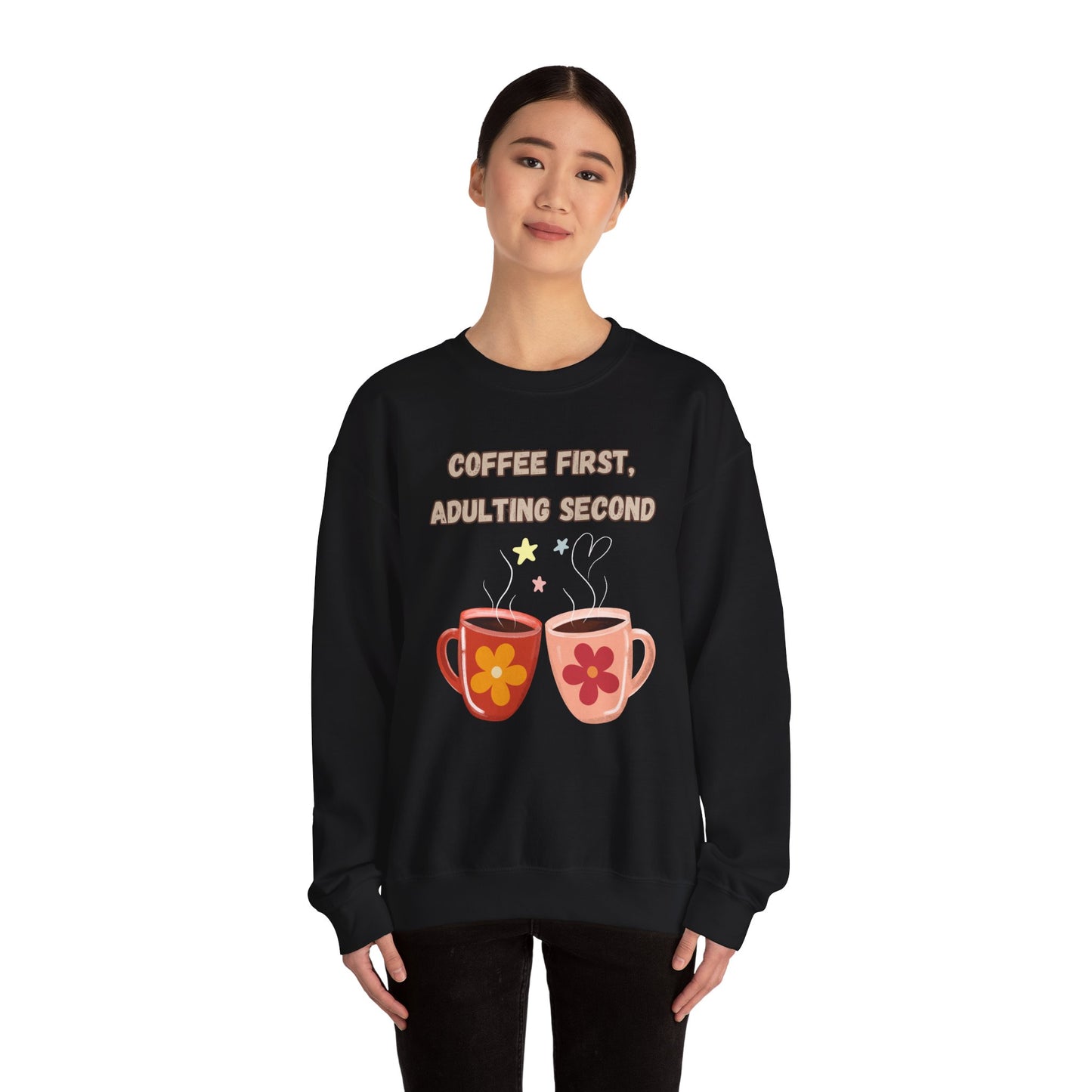 ☕ Coffee First Adulting Second Sweatshirt USA | Fun Unisex Sweater for Coffee Lovers