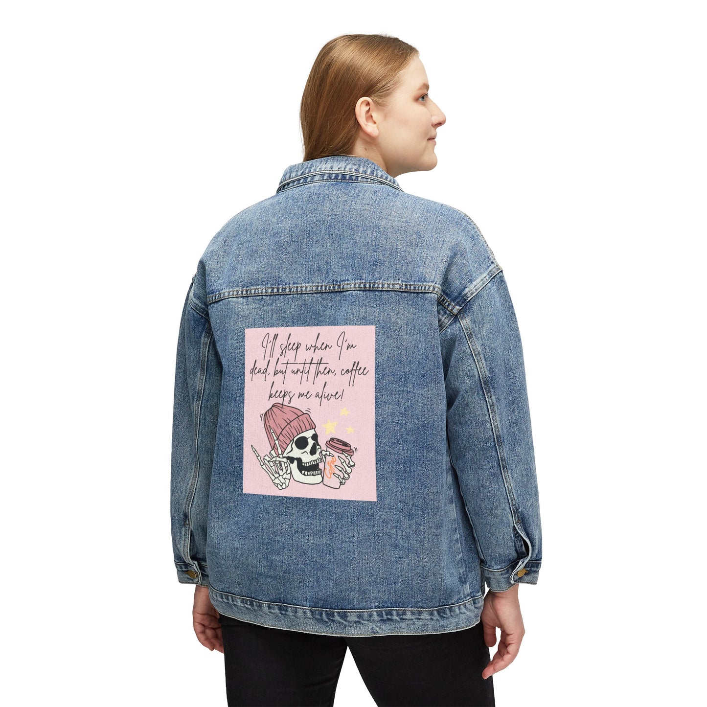 💀☕ Coffee Keeps Me Alive Denim Jacket USA | Oversized Jean Jacket with Skull & Quote