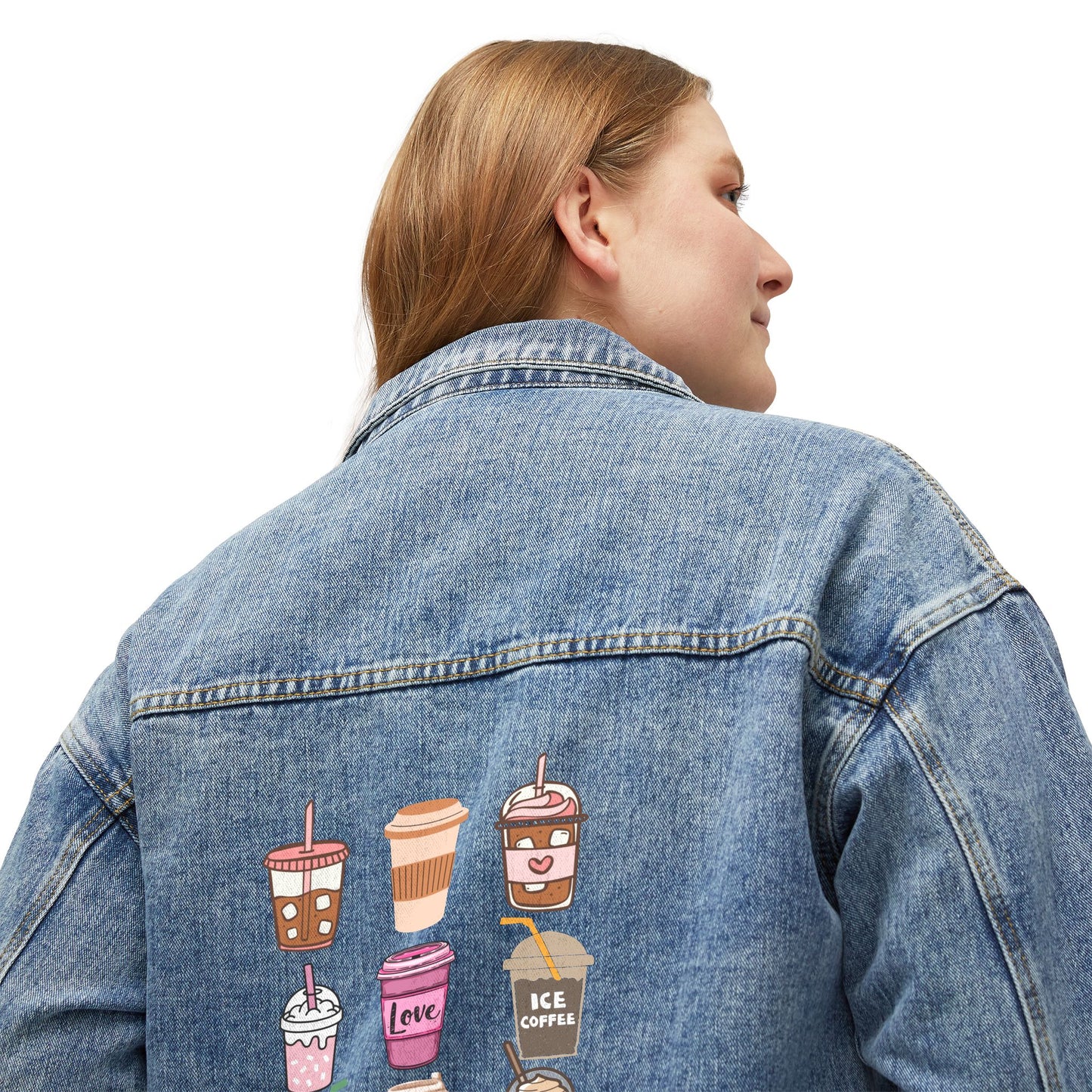 🥤☕ Coffee Drinks Denim Jacket USA | Women’s Oversized Jean Jacket with Iced & Hot Cups