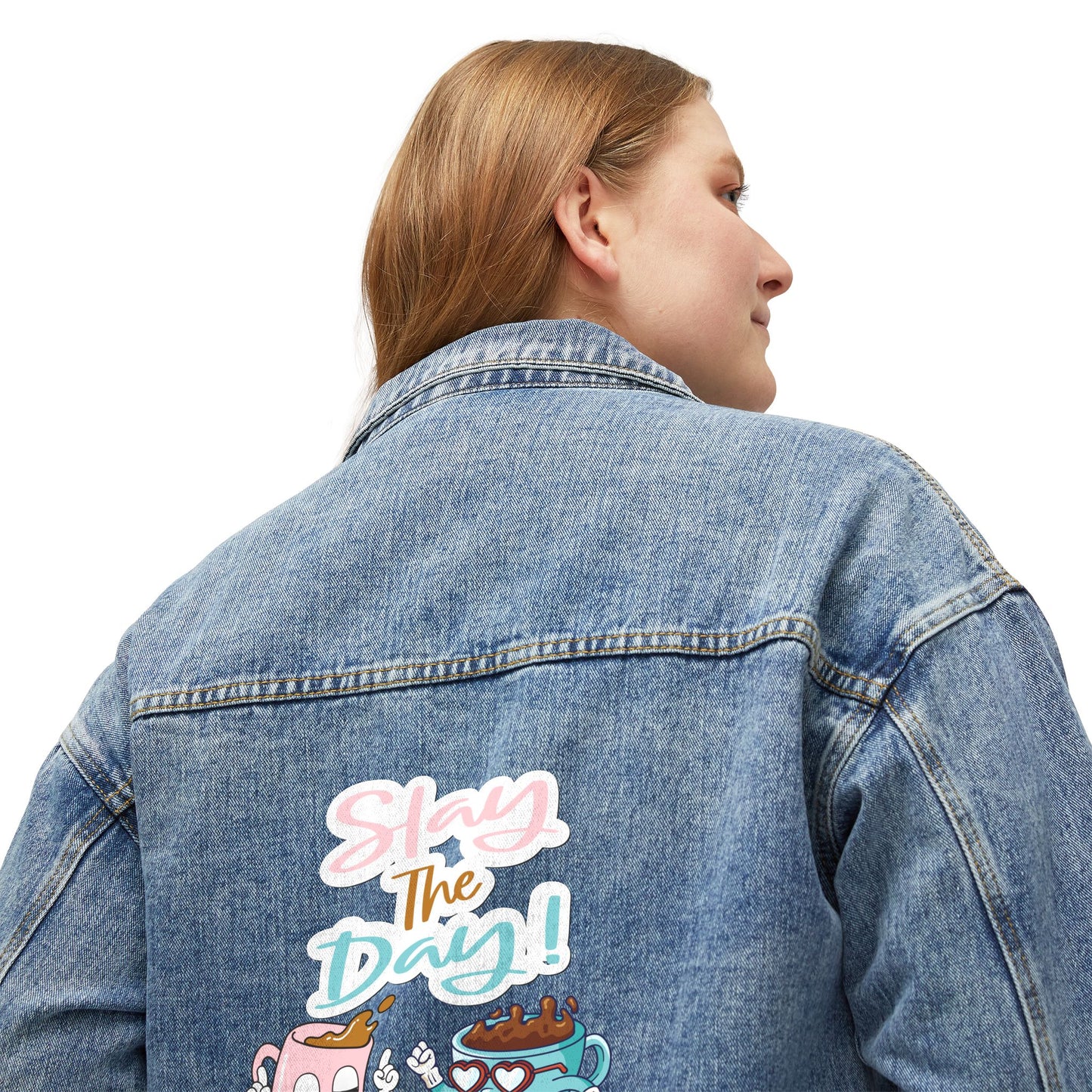 🔥☕ Slay The Day Denim Jacket USA | Fun Coffee Graphic Women’s Jean Jacket