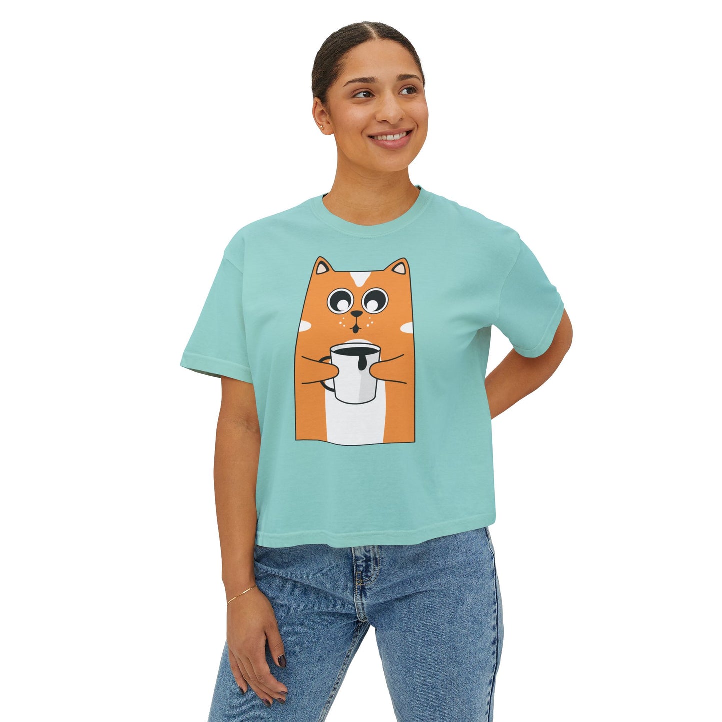 Cute Cat Boxy Tee, Women's Casual Top, Funny Animal Shirt, Gift for Cat Lovers, Lightweight Cotton Tee