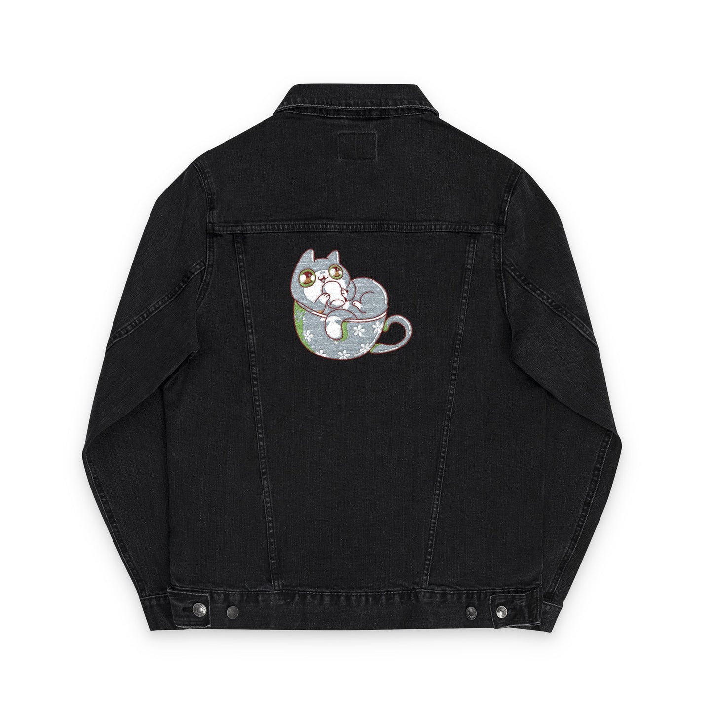 Cozy Cat Coffee Denim Jacket – Unisex Embroidered Style (USA Only)