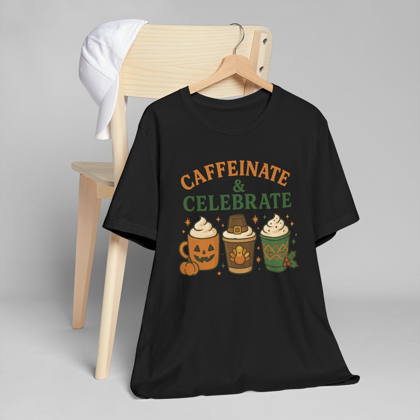 ππ¦π Caffeinate & Celebrate Unisex T-Shirt USA | Holiday Coffee Tee