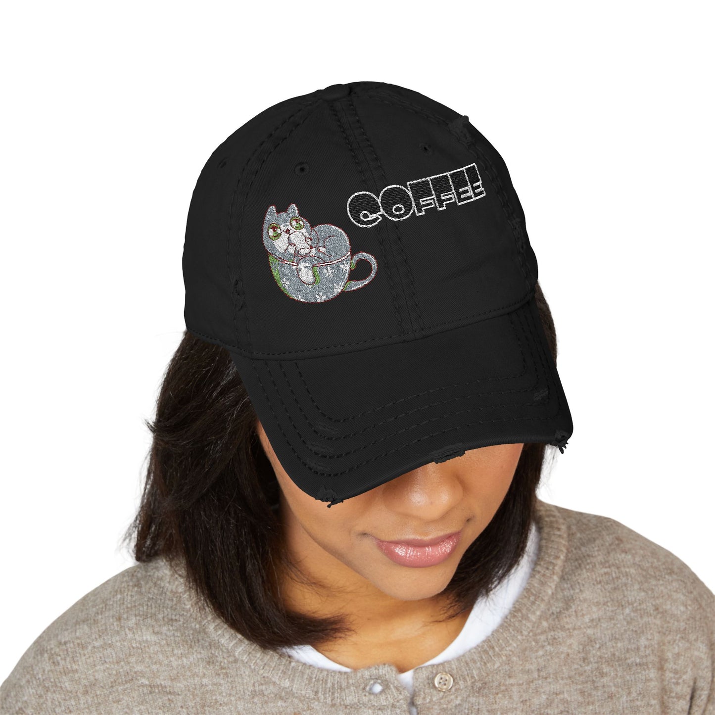 Coffee Cat Distressed Dad Hat – Casual Embroidered Style (USA Only)
