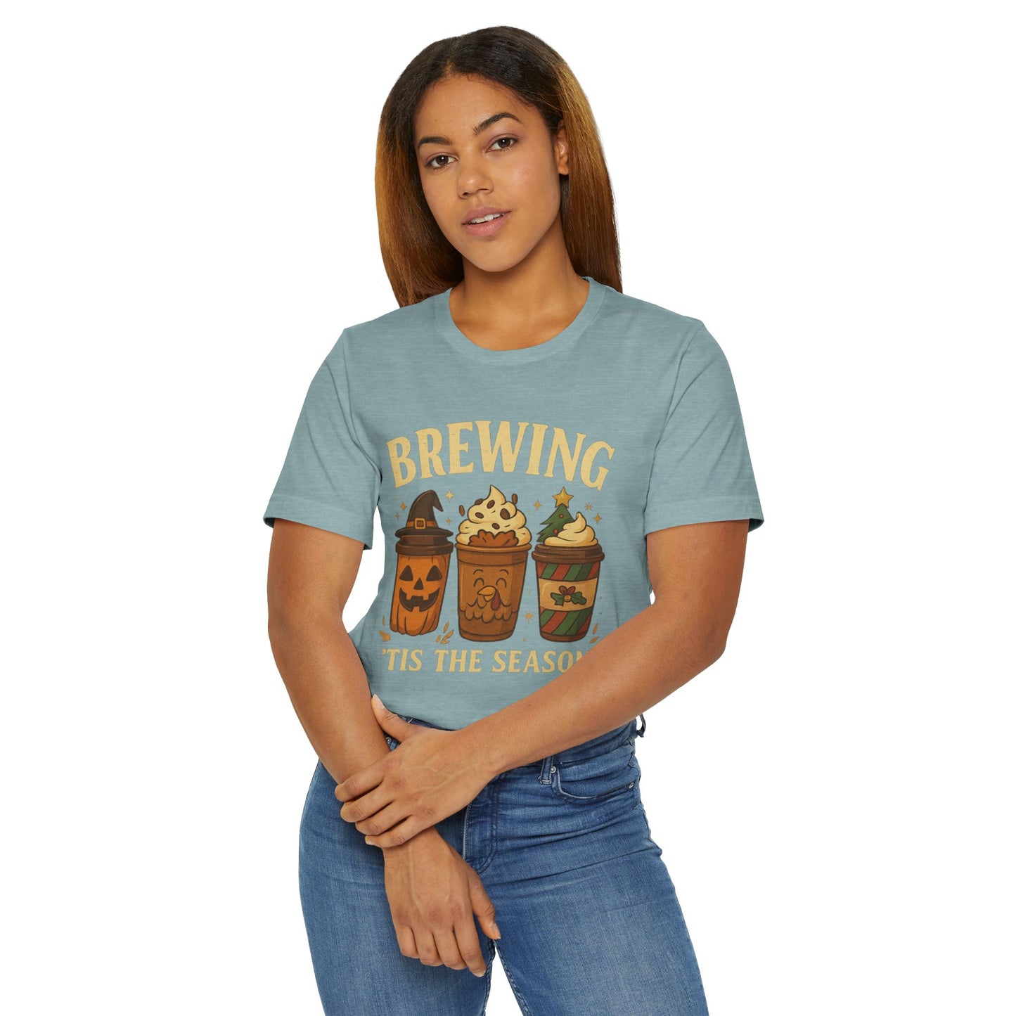 🎃🎄 Brewing ’Tis the Season Unisex T-Shirt USA | Holiday Coffee Tee