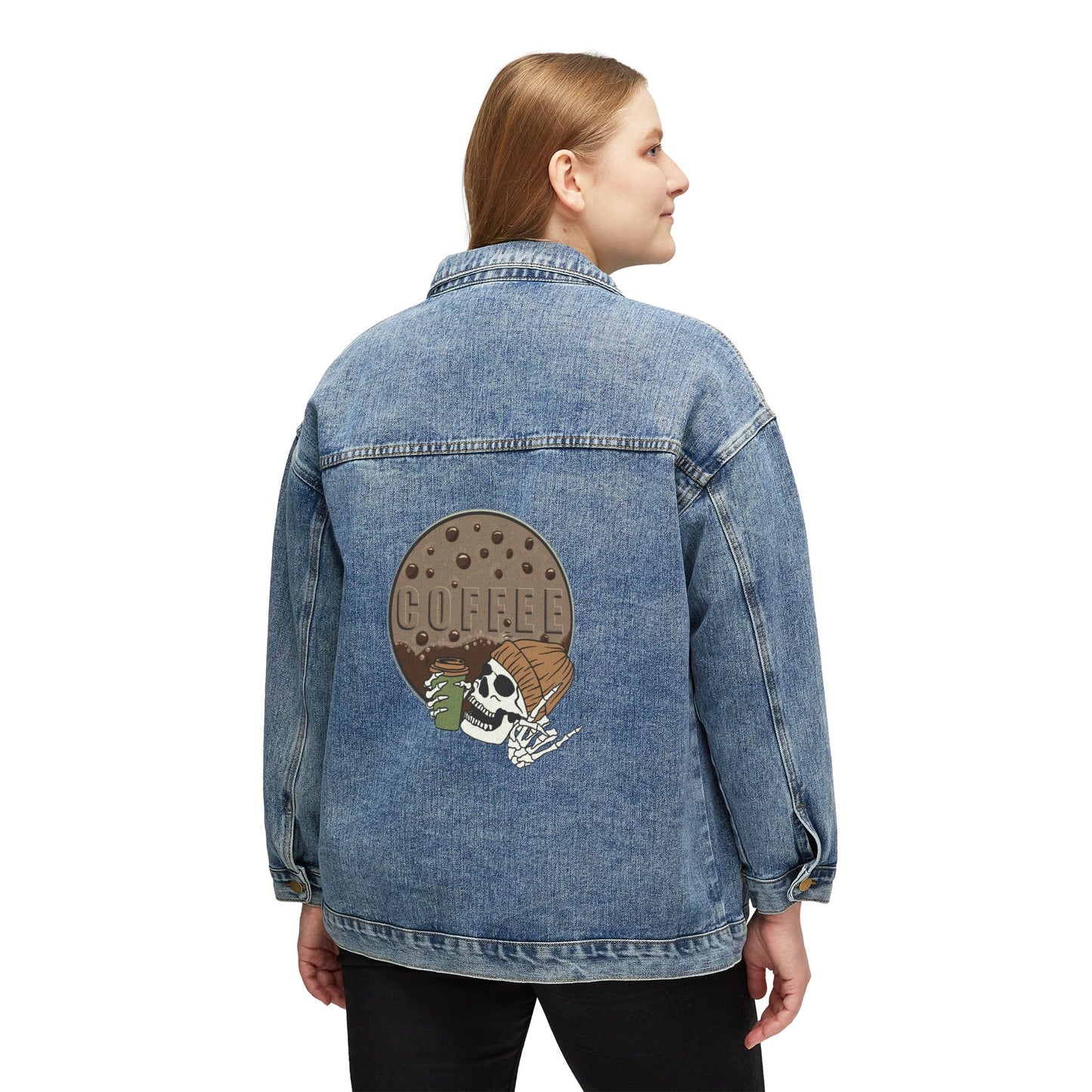 💀☕ Skeleton Coffee Denim Jacket USA | Women’s Coffee Lover Jean Jacket