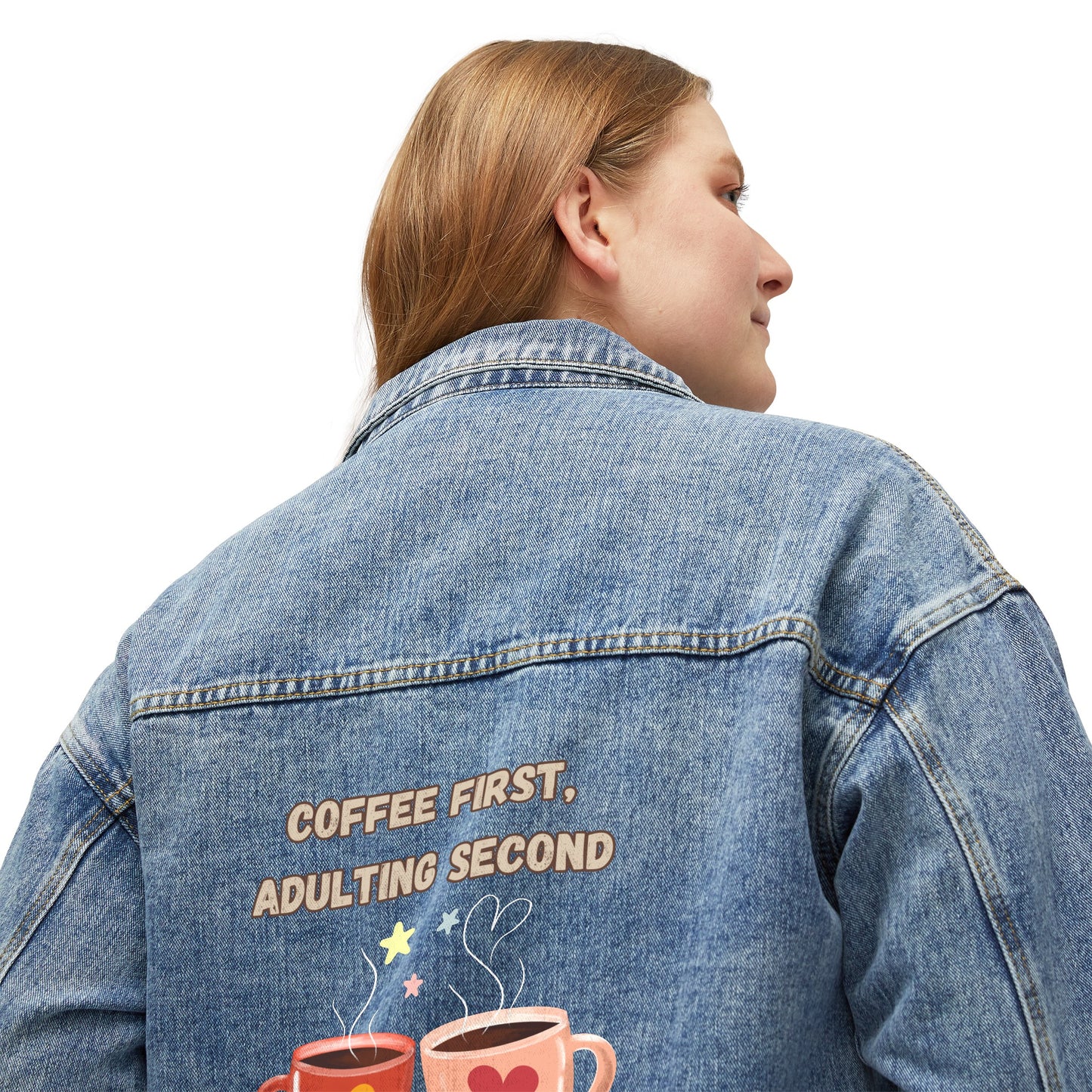 ☕✨ Coffee First Denim Jacket USA | Women’s Oversized Jean Jacket with Adulting Quote