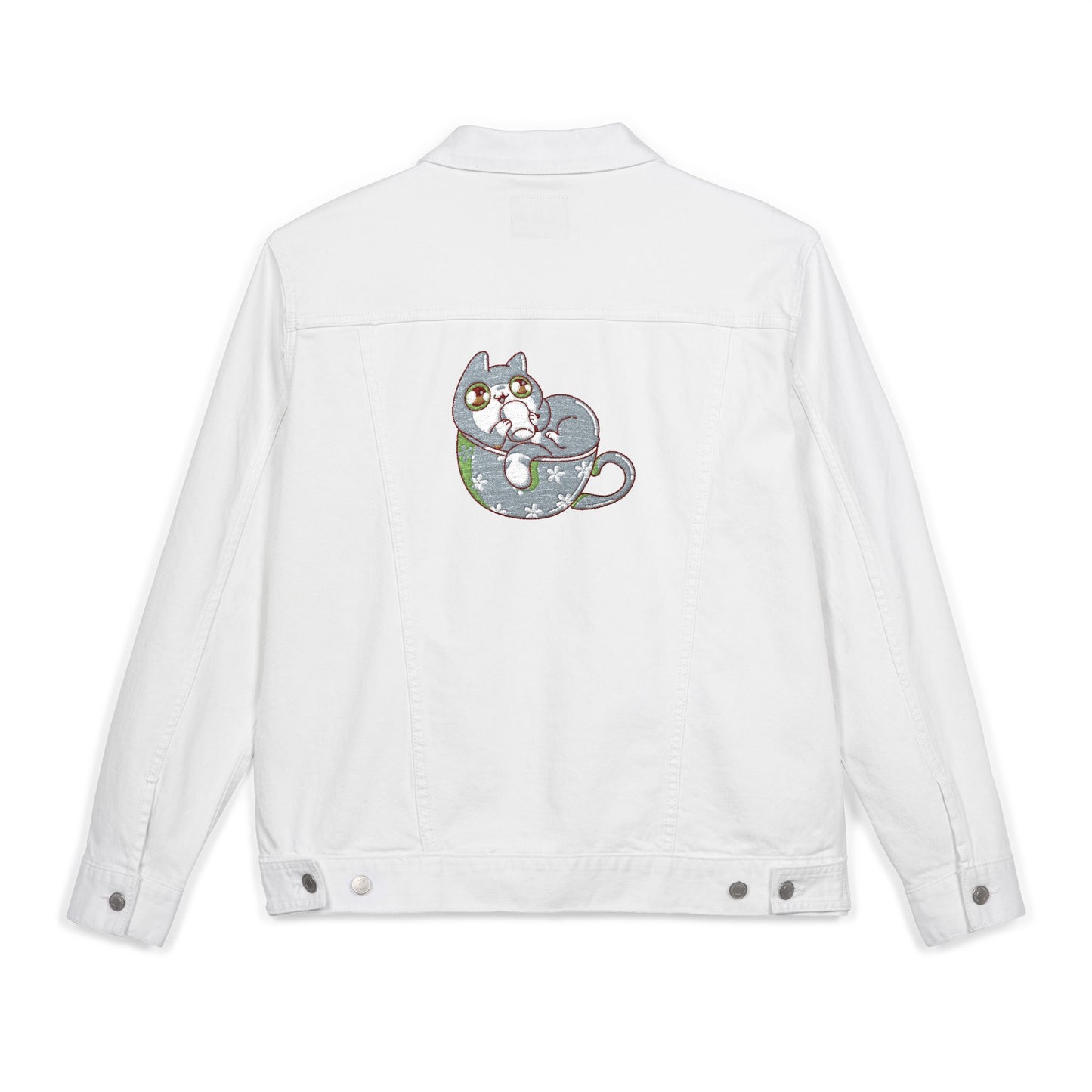 Cozy Cat Coffee Denim Jacket – Unisex Embroidered Style (USA Only)