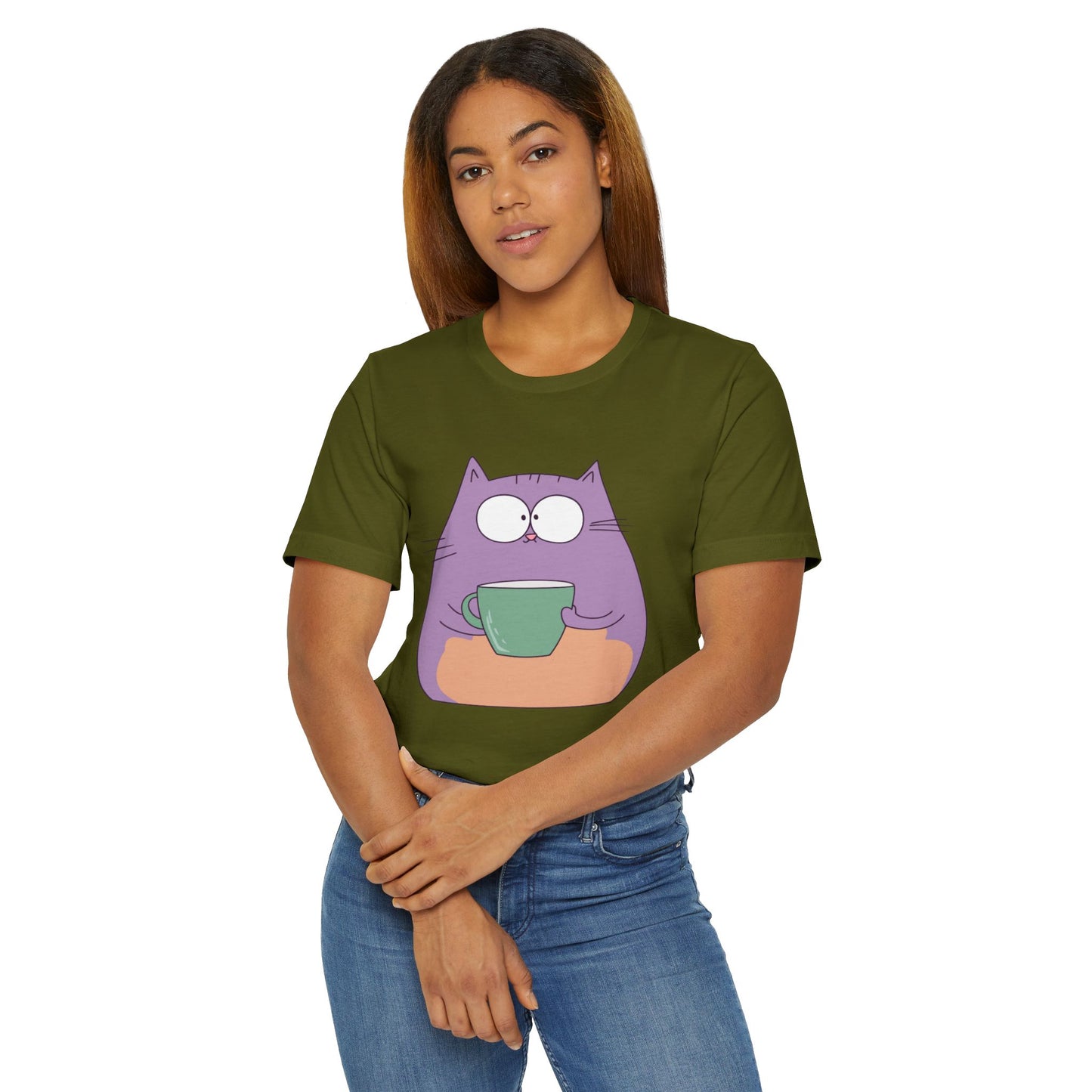 Purple Coffee Cat T-Shirt – Funny Cartoon Kitty with Coffee Mug Graphic Tee for Coffee Lovers (USA Only)