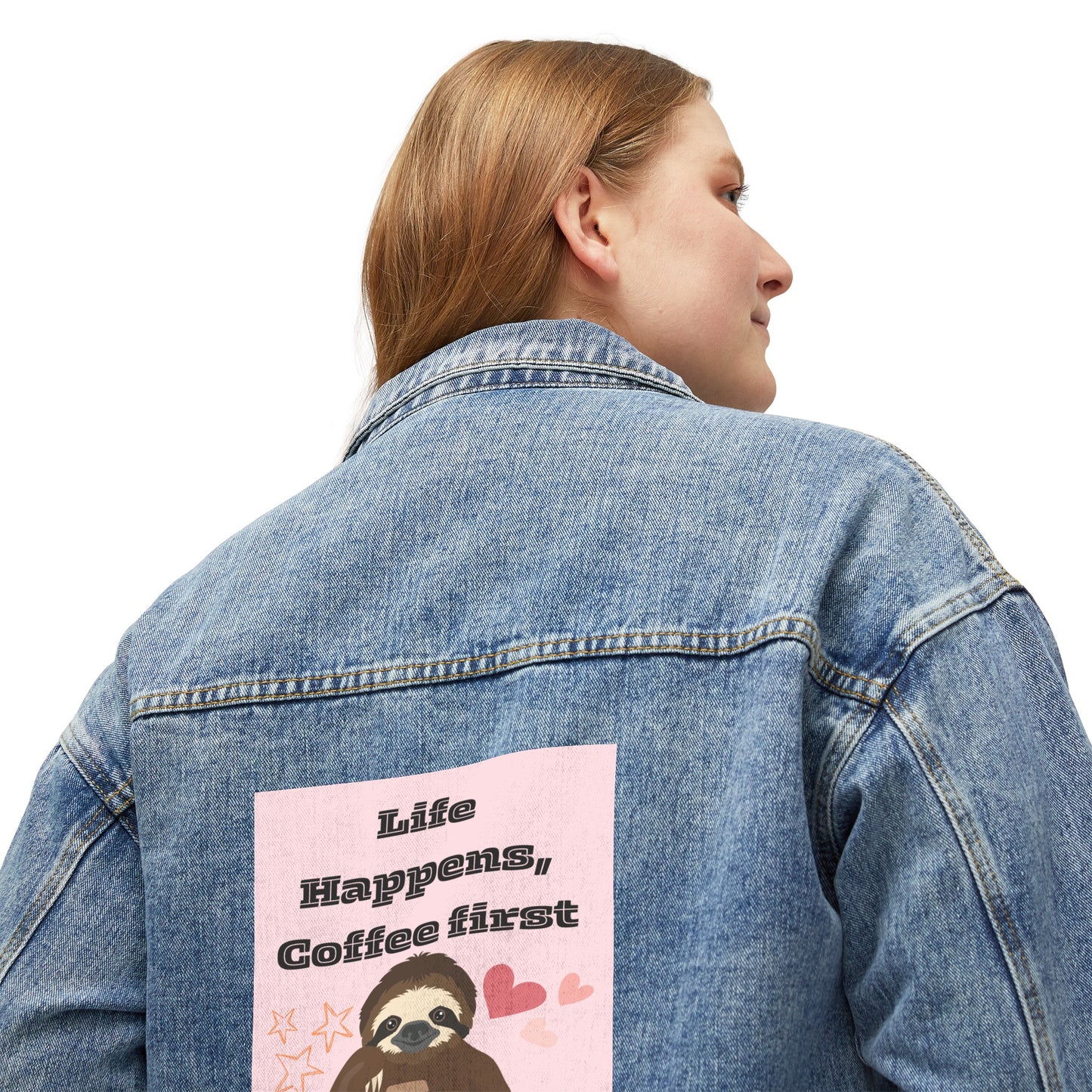 ☕👖 Life Happens Coffee First Denim Jacket USA | Oversized Jean Jacket for Coffee Lovers