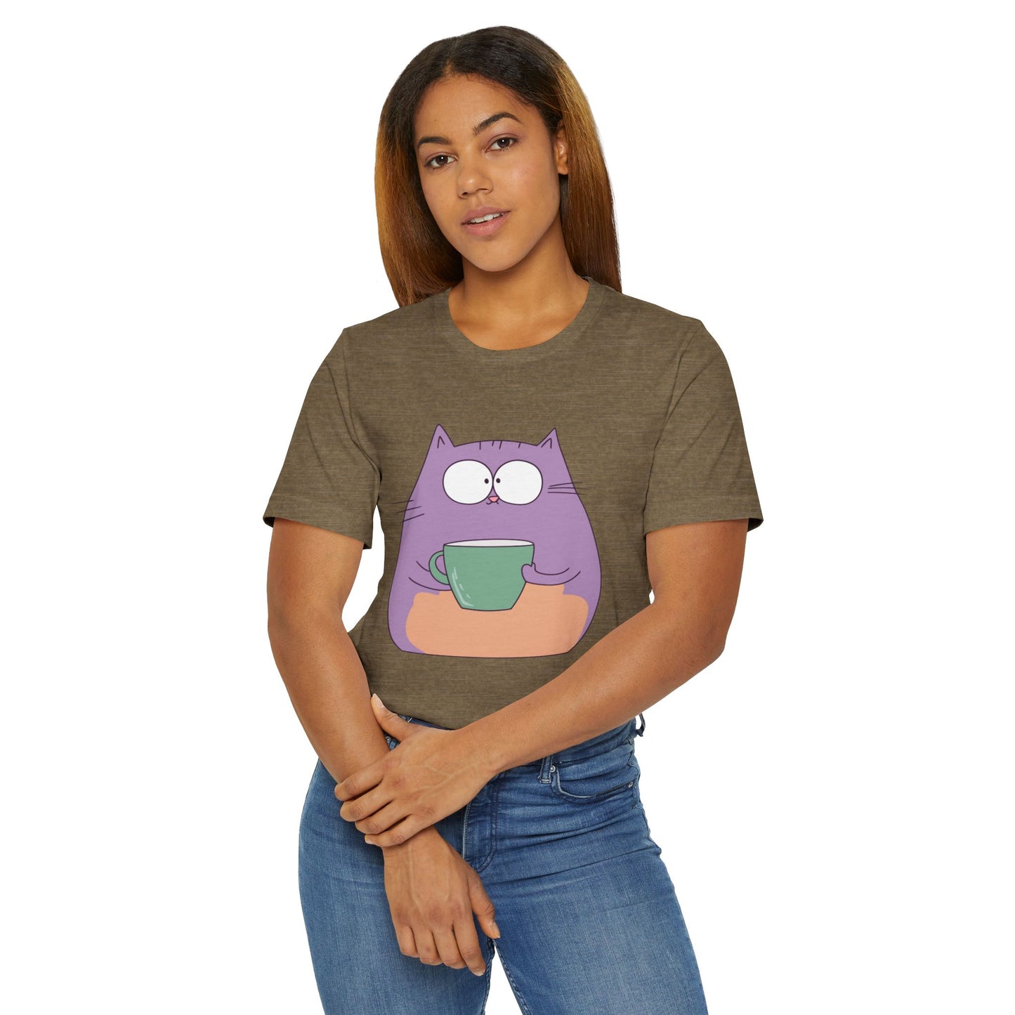 Purple Coffee Cat T-Shirt – Funny Cartoon Kitty with Coffee Mug Graphic Tee for Coffee Lovers (USA Only)