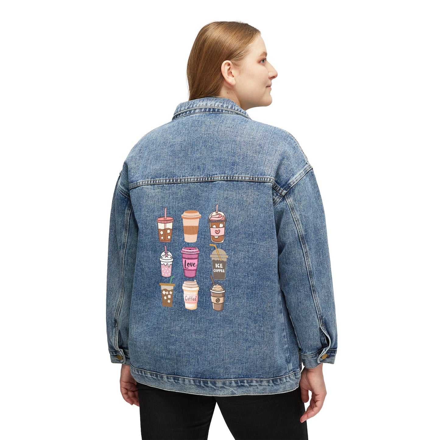 🥤☕ Coffee Drinks Denim Jacket USA | Women’s Oversized Jean Jacket with Iced & Hot Cups