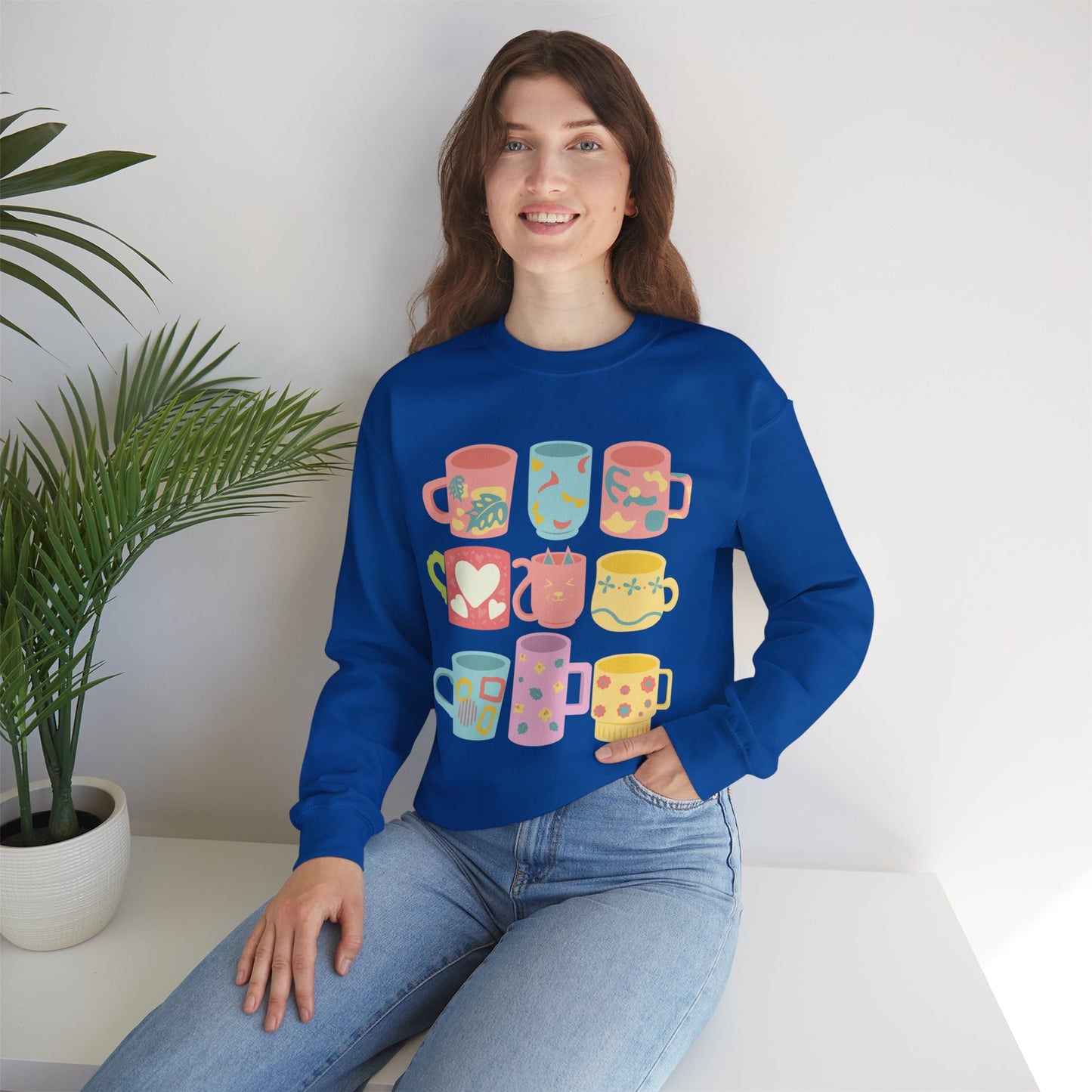 ☕ Pastel Coffee Mugs Sweatshirt USA | Colorful Unisex Sweater for Coffee Lovers
