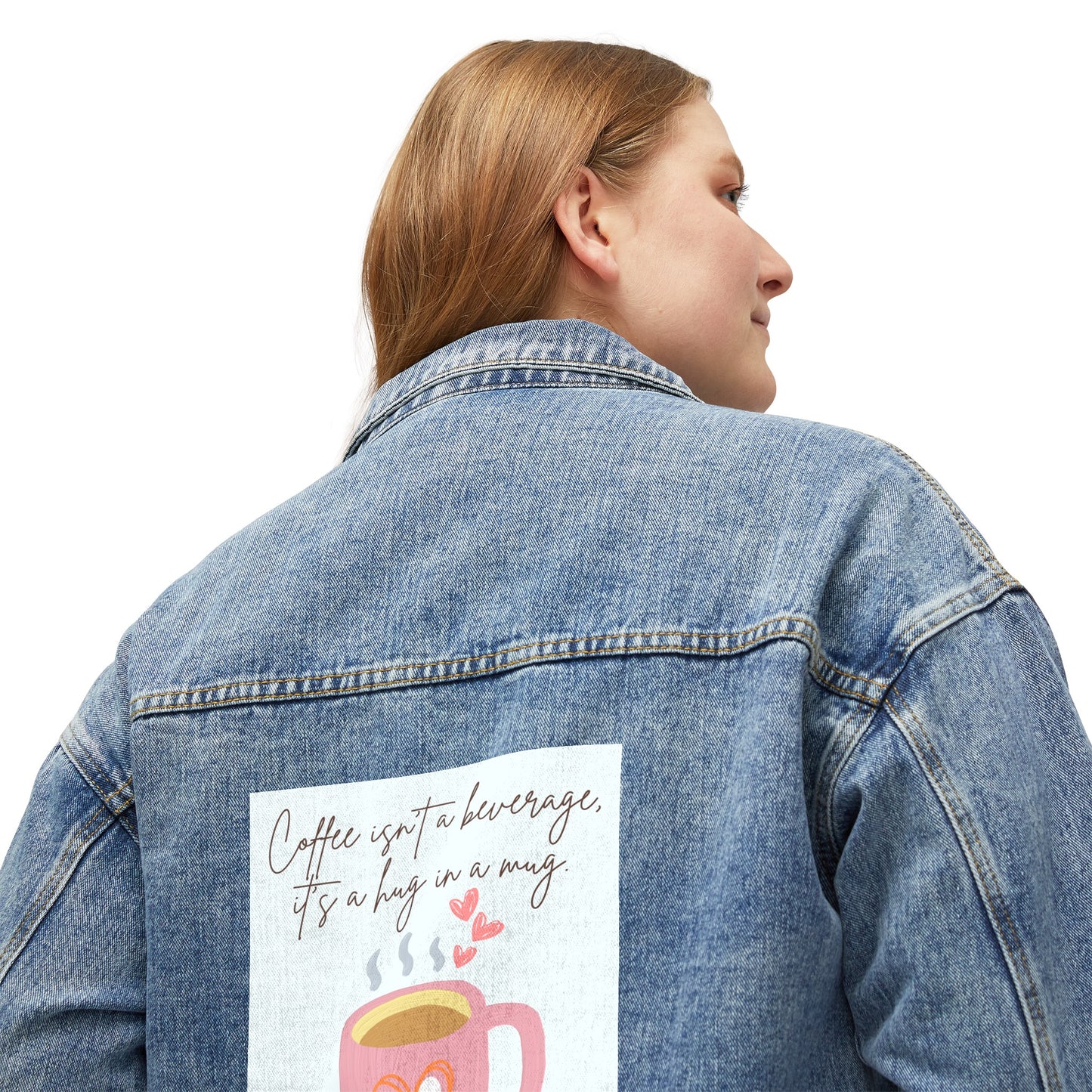 ☕💖 Coffee Hug in a Mug Denim Jacket USA | Women’s Oversized Jean Jacket with Quote