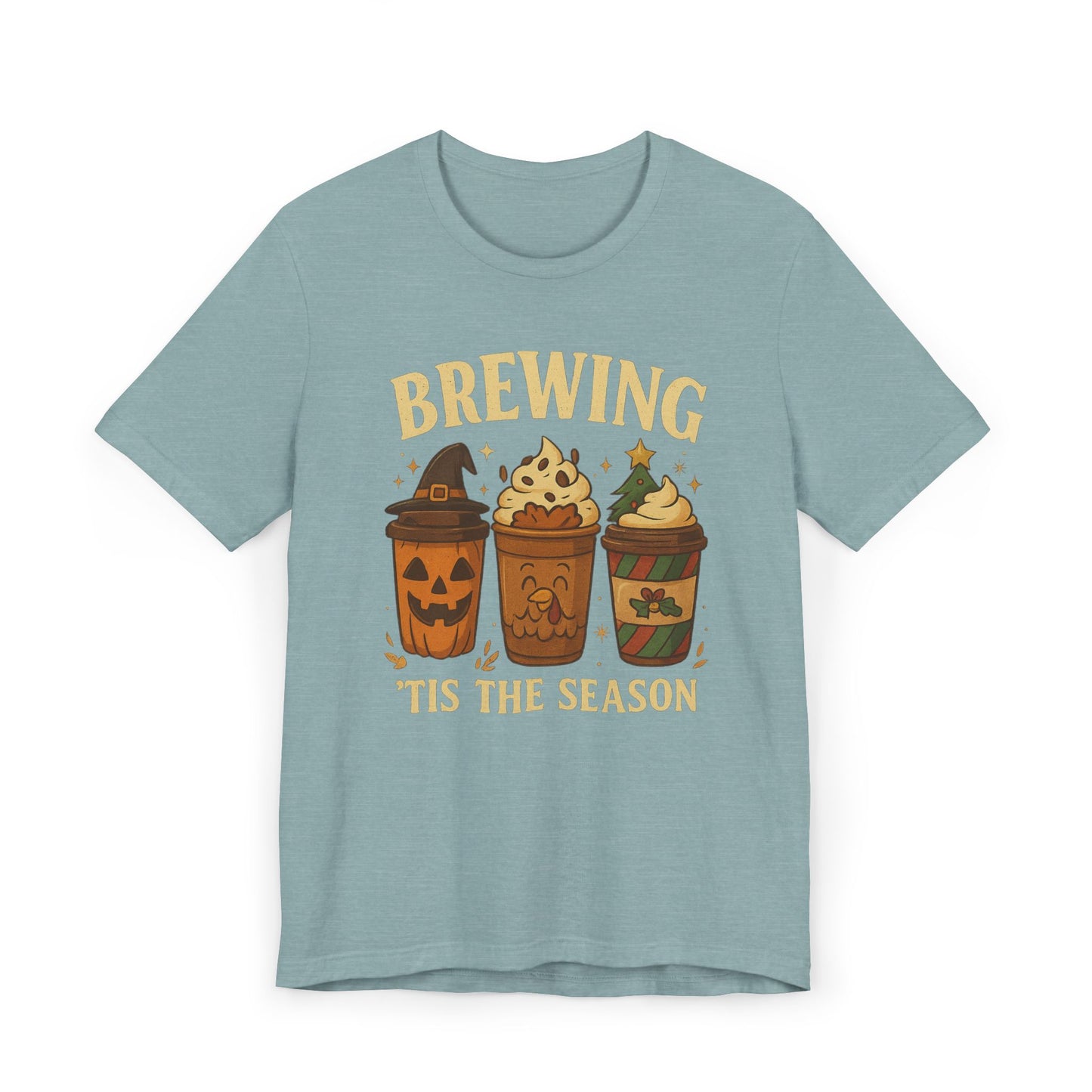 🎃🎄 Brewing ’Tis the Season Unisex T-Shirt USA | Holiday Coffee Tee