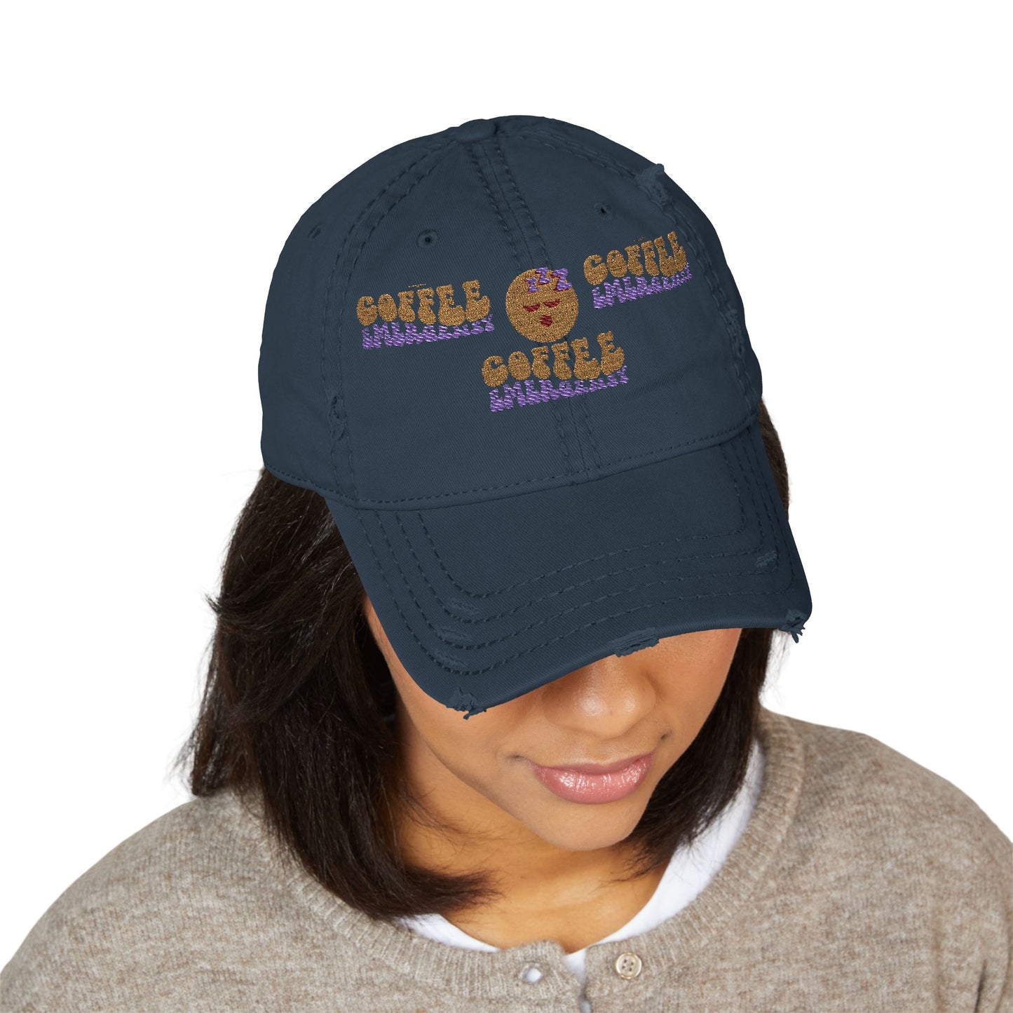 Coffee Emergency Distressed Dad Hat – Tired Emoji Style (USA Only)