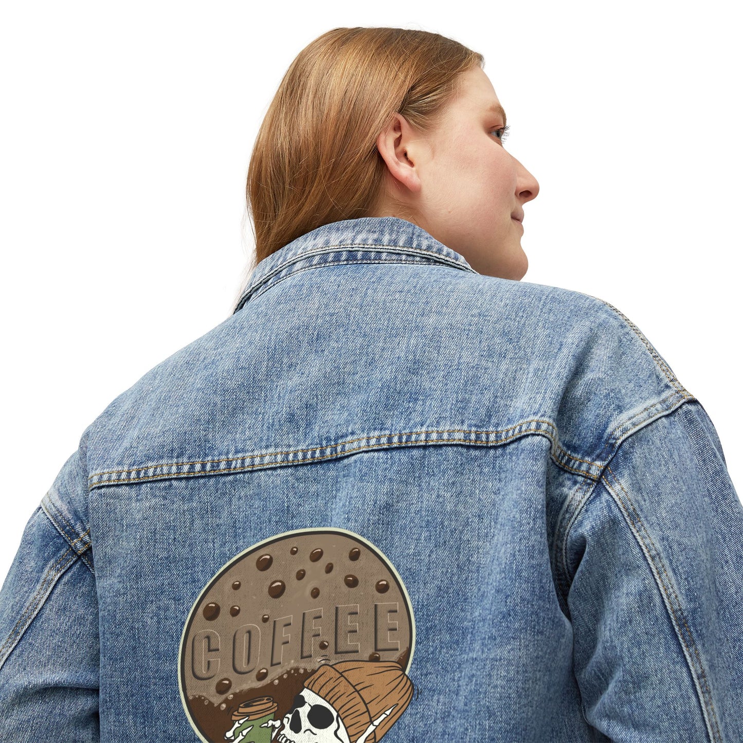 💀☕ Skeleton Coffee Denim Jacket USA | Women’s Coffee Lover Jean Jacket