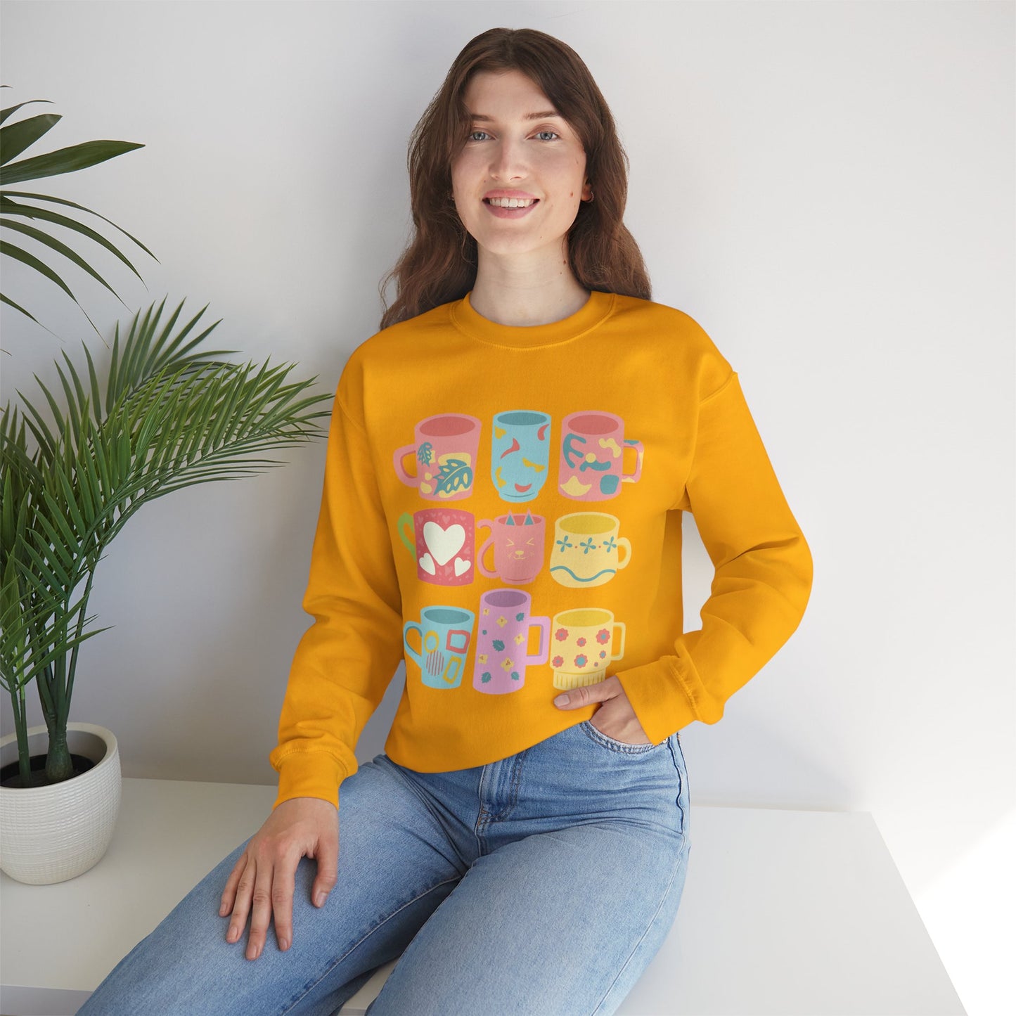 ☕ Pastel Coffee Mugs Sweatshirt USA | Colorful Unisex Sweater for Coffee Lovers