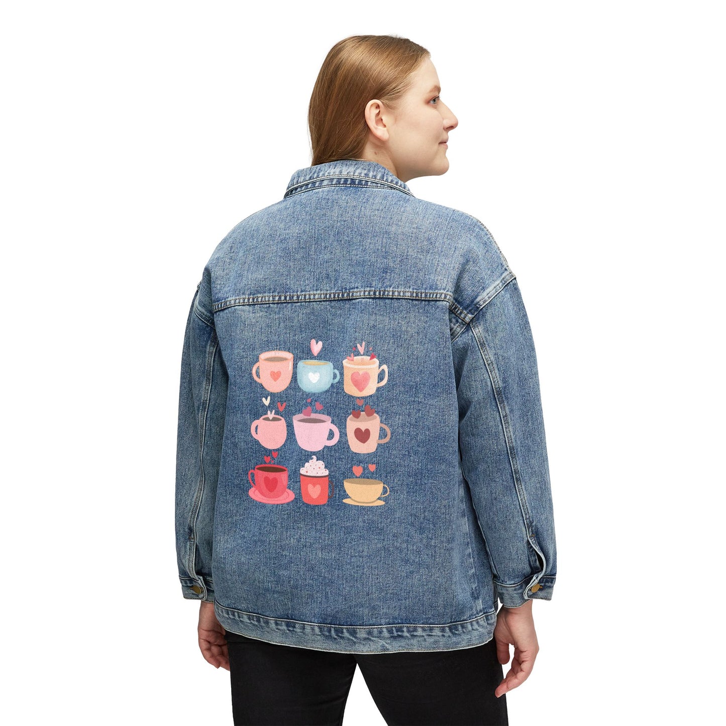☕💖 Coffee Love Denim Jacket USA | Women’s Jean Jacket with Colorful Mugs