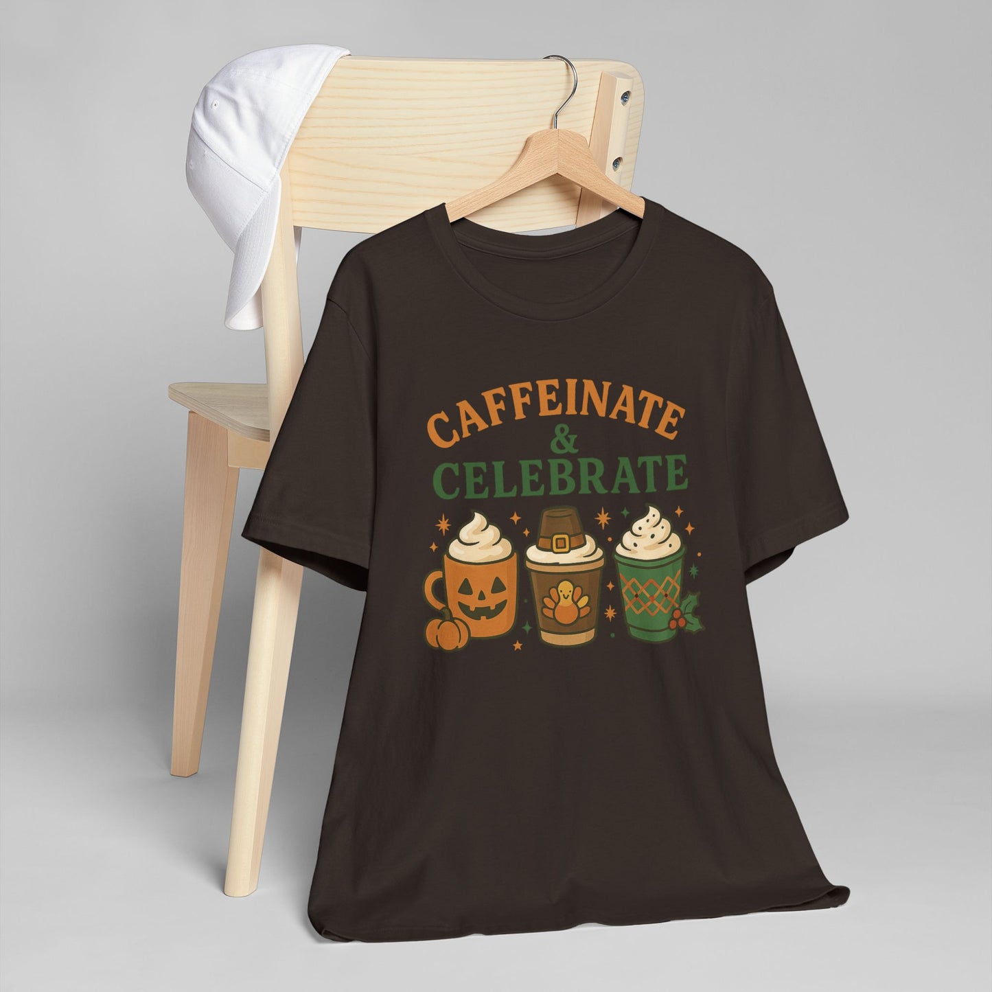 ππ¦π Caffeinate & Celebrate Unisex T-Shirt USA | Holiday Coffee Tee