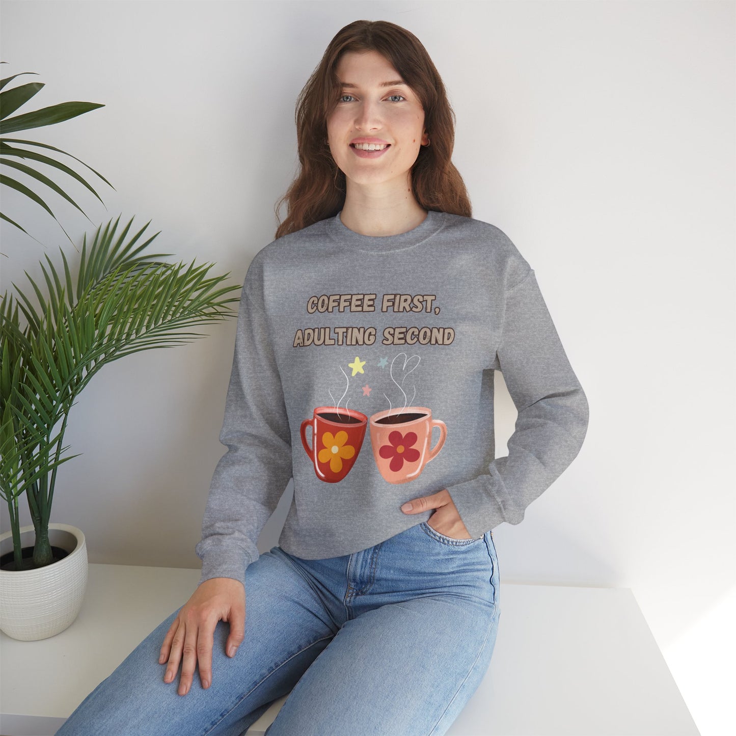 ☕ Coffee First Adulting Second Sweatshirt USA | Fun Unisex Sweater for Coffee Lovers