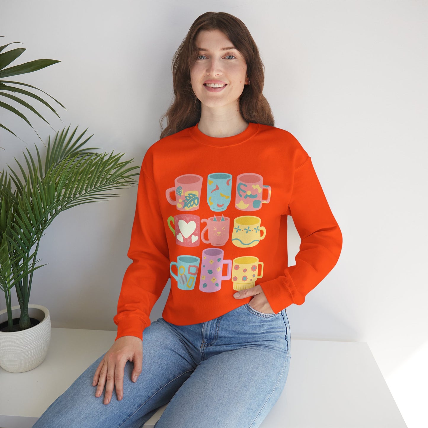 ☕ Pastel Coffee Mugs Sweatshirt USA | Colorful Unisex Sweater for Coffee Lovers