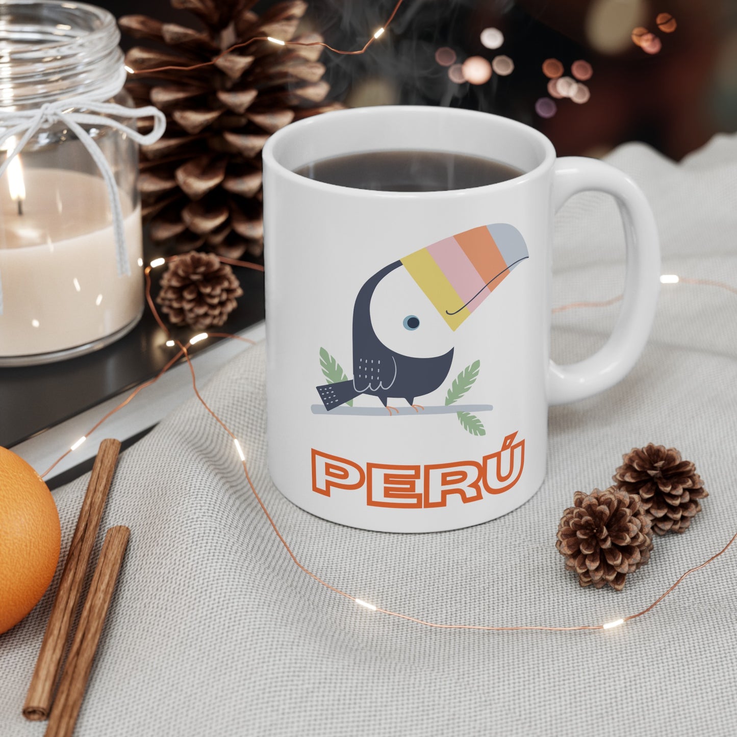 Best Peruvian Ceramic Coffee Mug, (11oz, 15oz) "Peruvian Toucan"