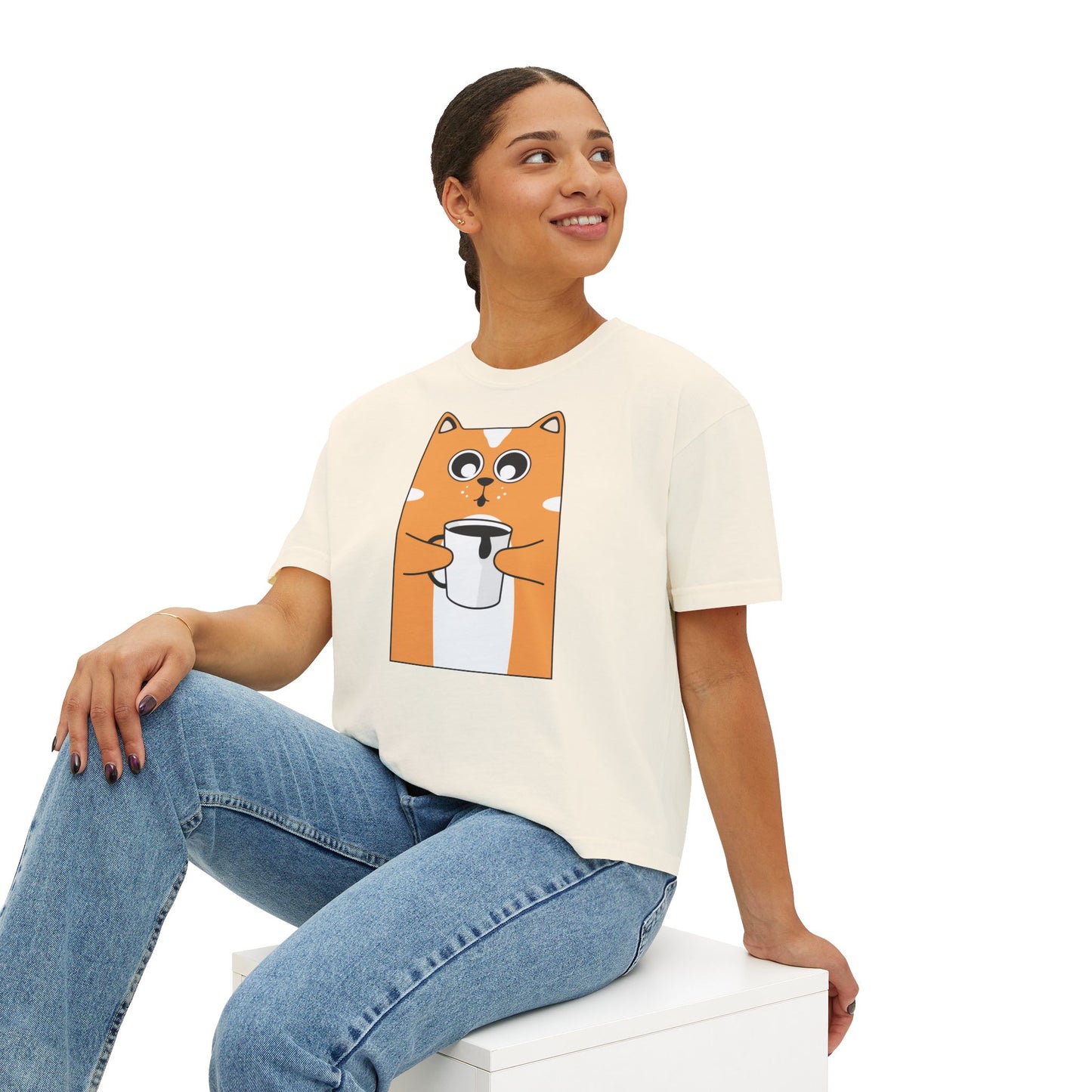 Cute Cat Boxy Tee, Women's Casual Top, Funny Animal Shirt, Gift for Cat Lovers, Lightweight Cotton Tee
