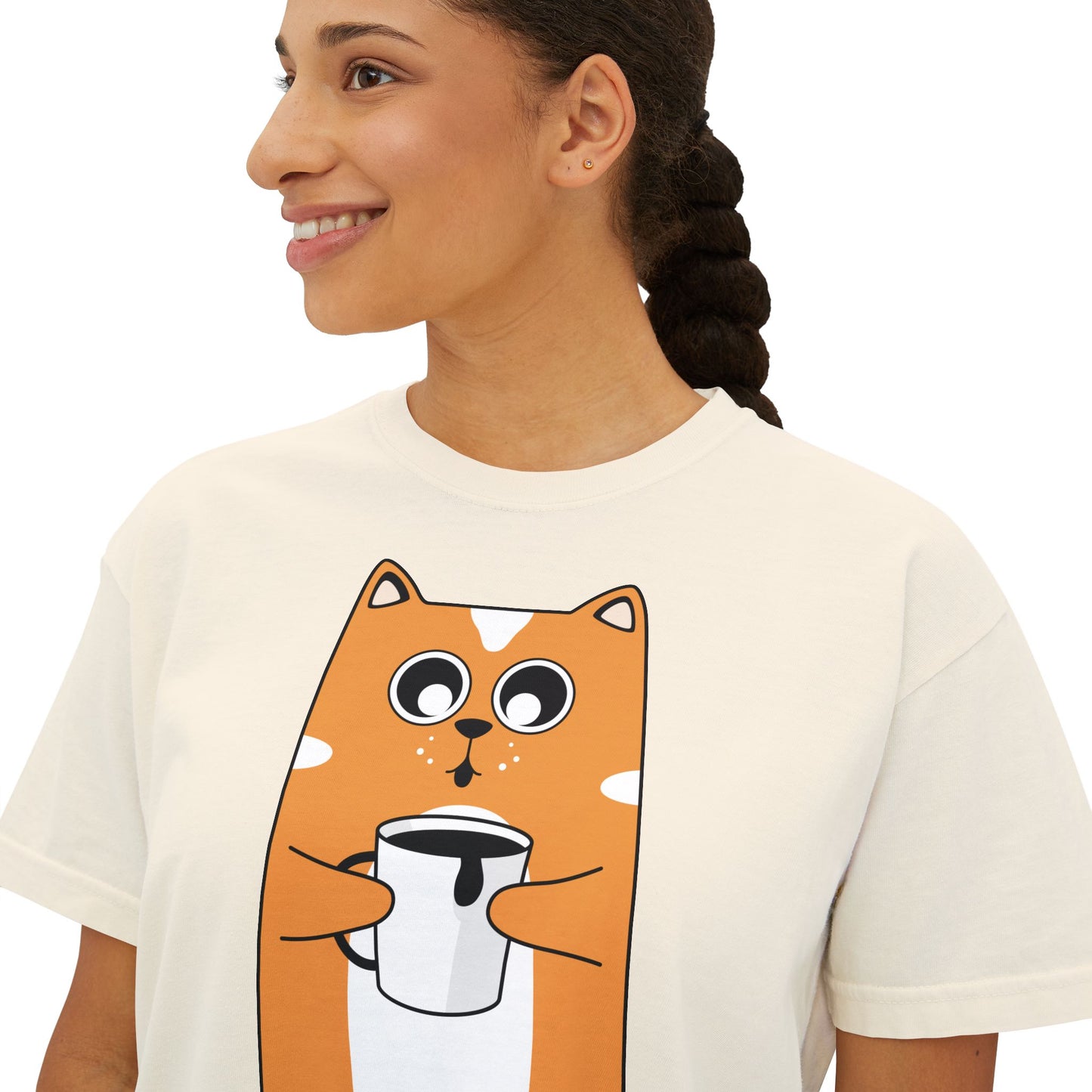 Cute Cat Boxy Tee, Women's Casual Top, Funny Animal Shirt, Gift for Cat Lovers, Lightweight Cotton Tee