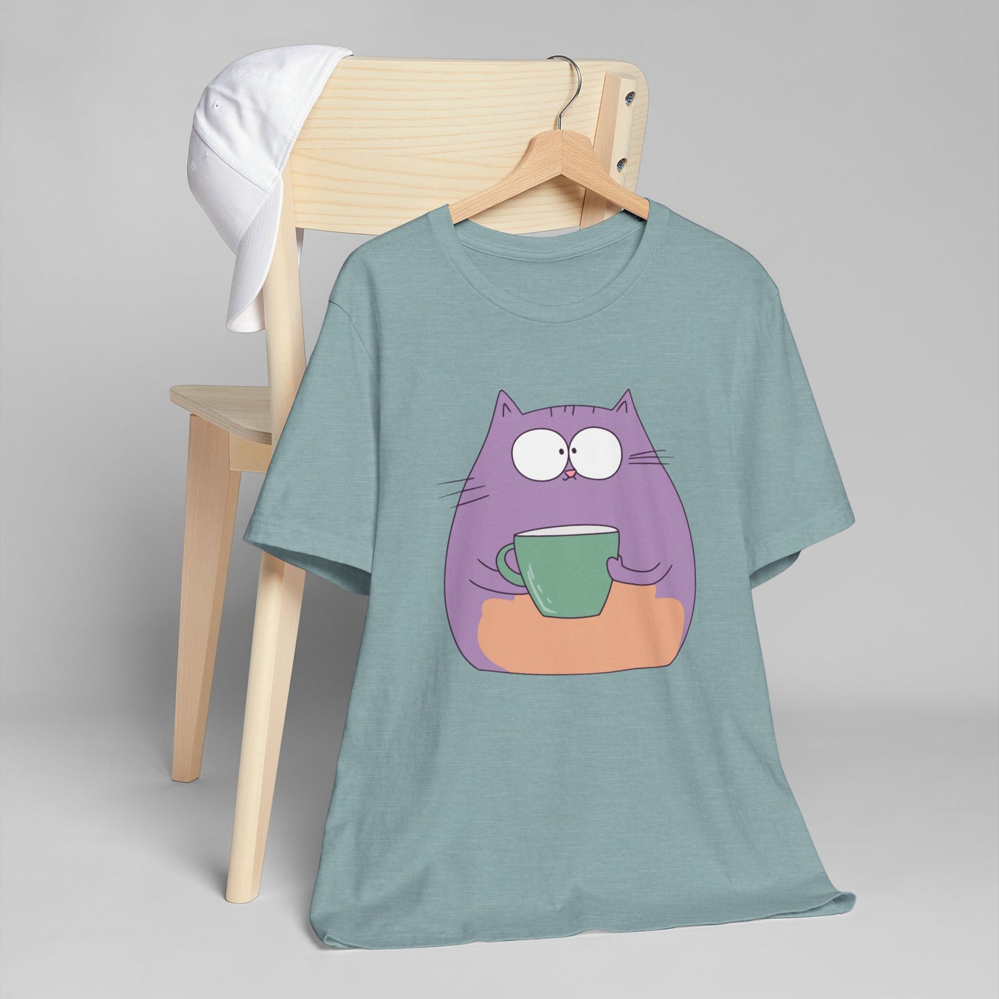 Purple Coffee Cat T-Shirt – Funny Cartoon Kitty with Coffee Mug Graphic Tee for Coffee Lovers (USA Only)