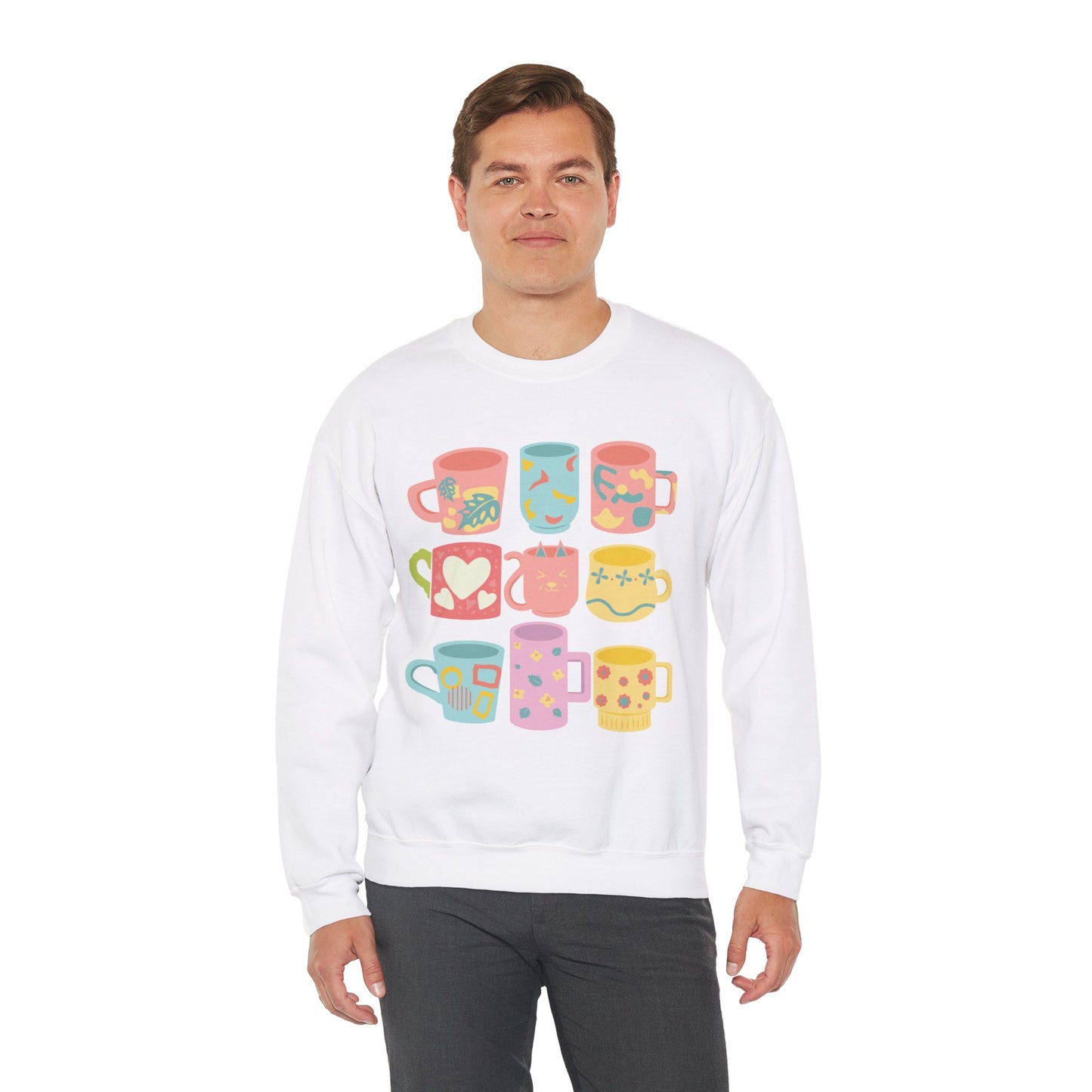 ☕ Pastel Coffee Mugs Sweatshirt USA | Colorful Unisex Sweater for Coffee Lovers